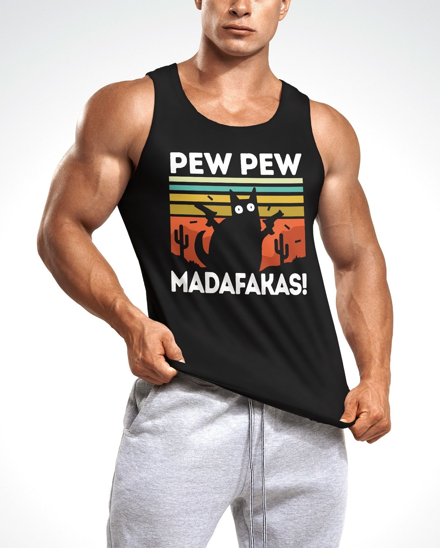 MoonWorks Tanktop Herren Tanktop Pew Pew Madafakas! schwarze Katze Spruch Meme lustig Muscle Shirt Achselshirt Moonworks® mit Print