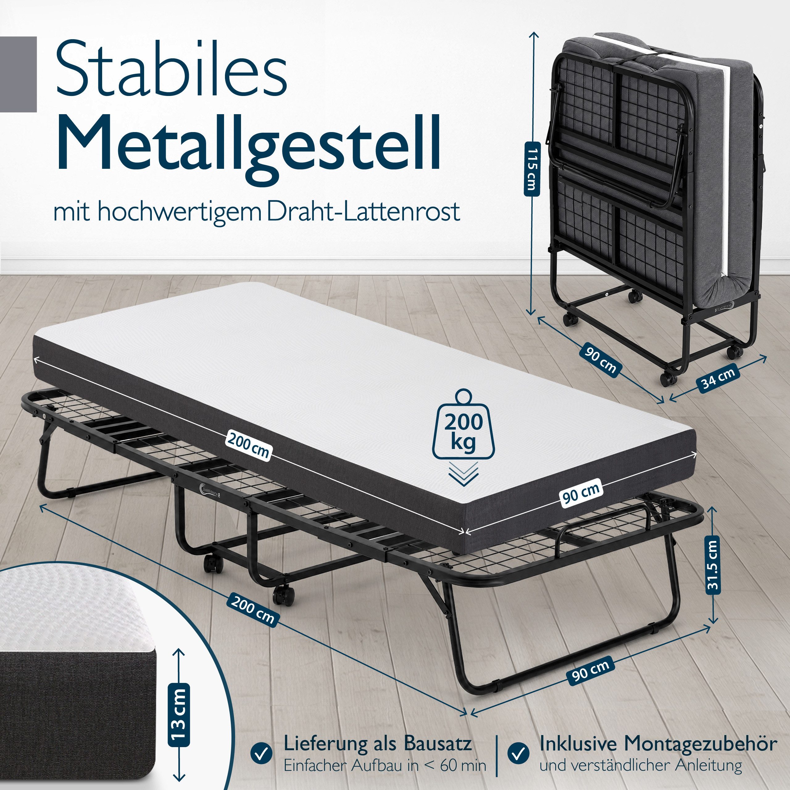 Beautissu Gästebett Gästebett Traumkraft klappbar 90x200 cm Liegefläche 190cm Reisebett mit Drahtgestell inkl Schutzhülle & 10, 5 cm Matratze – Bild 3 von 5
