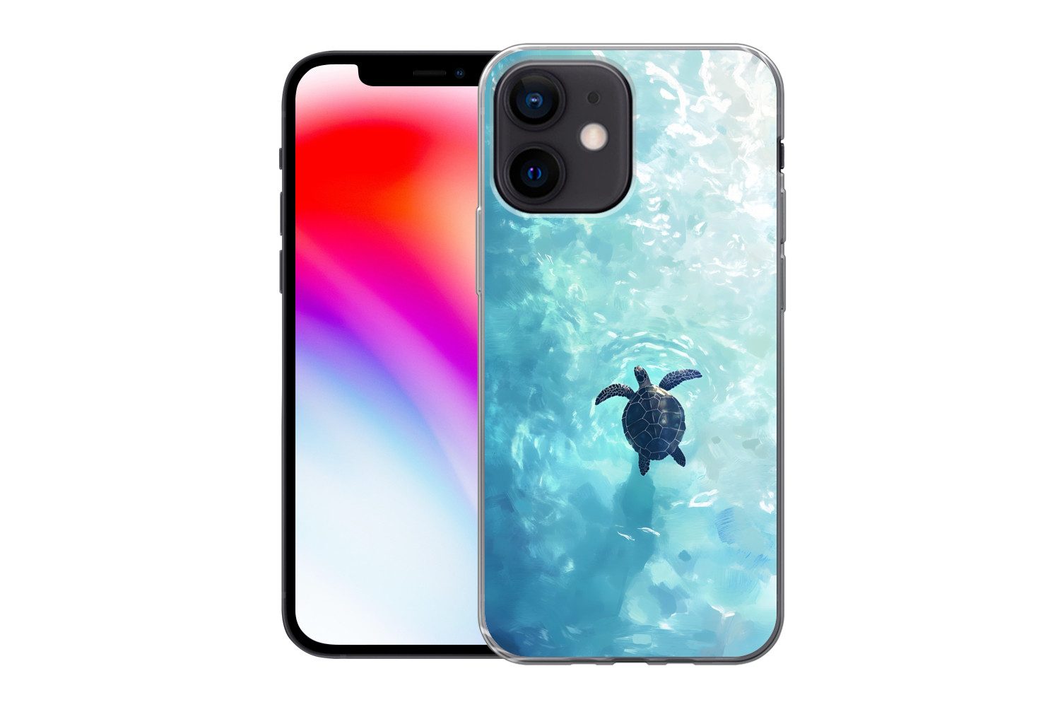 MuchoWow Handyhülle für Apple iPhone 12 Mini Schildkröte - Meer - Blau - Glitzern, Smartphone-Bumper, Print, Handy Schutzhülle Dünn