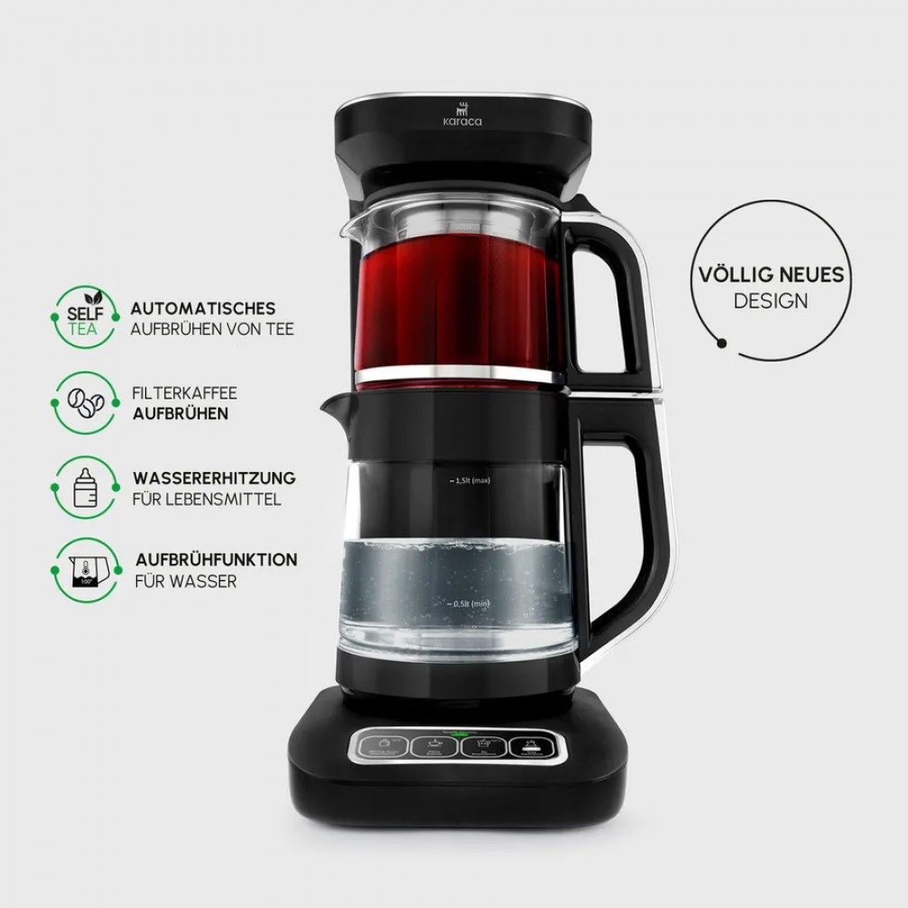 Karaca Wasserkocher Karaca Robotea Pro 4in1 Teekocher + Kaffeemaschine,Glas Schwarz Chrom, 2500 W
