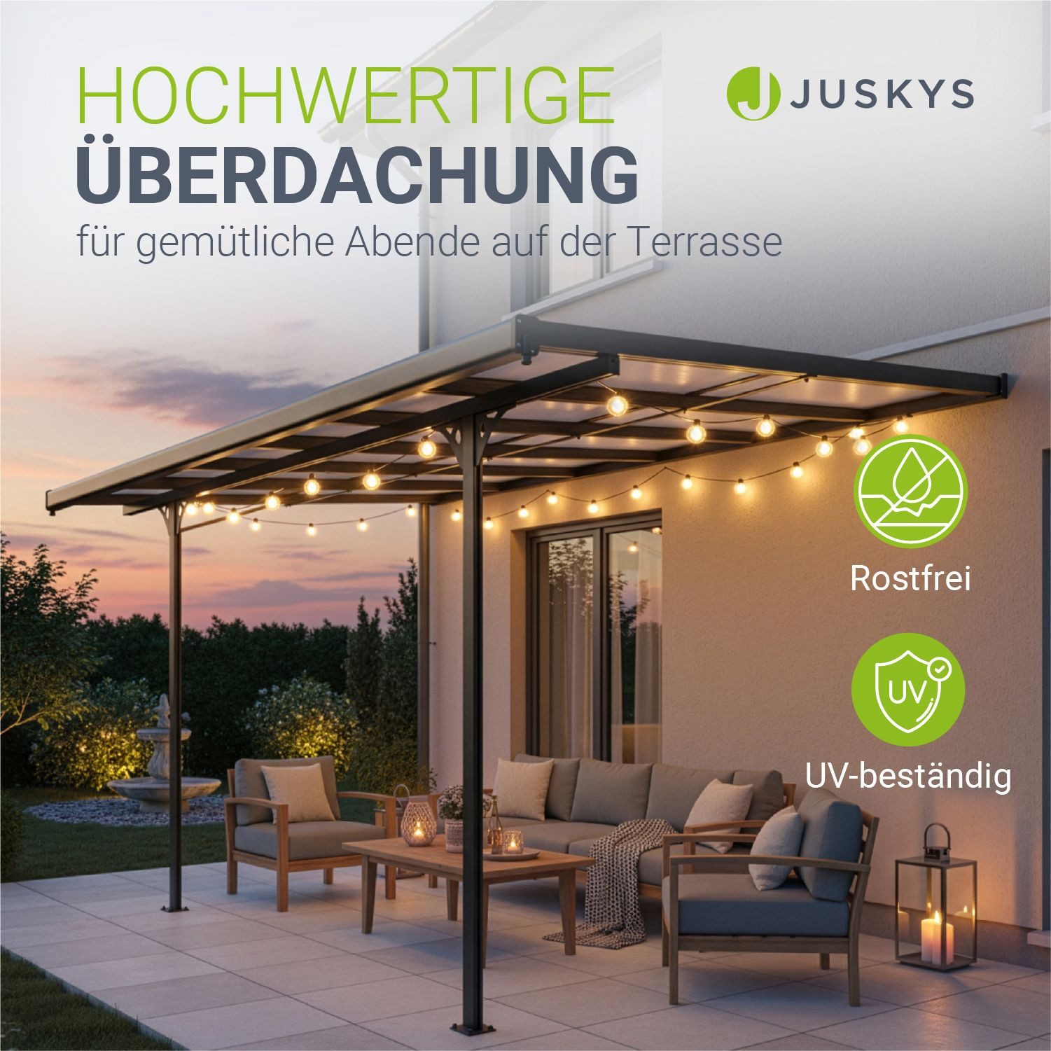 Juskys Terrassendach Borneo, 3x3 m, Regen- und Sonnenschutz, lichtdurchlässig, UV-Schutzfolie