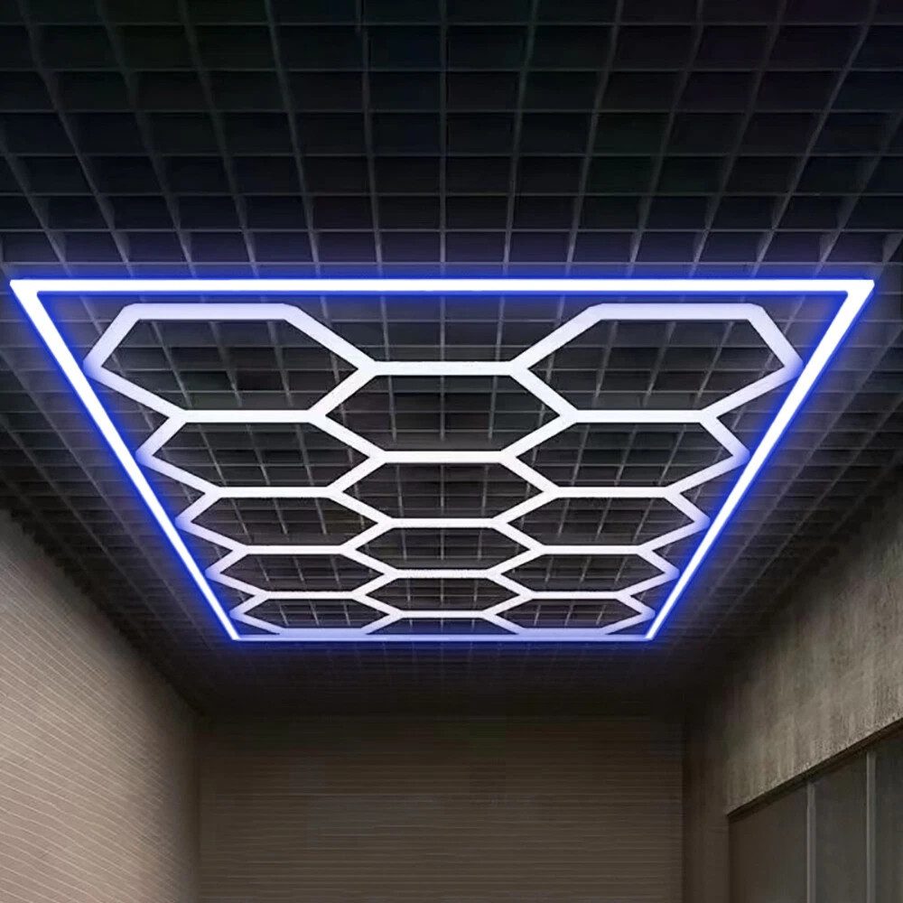 oyajia LED Dekolicht 14er-Pack Hexagon LED Garagenleuchte, Rahmen/Blau, LED Garage Light, Kaltweiß+Blau, DIY LED Dekolicht für Garage Studio Friseursalons Auto-Detailing-Shop