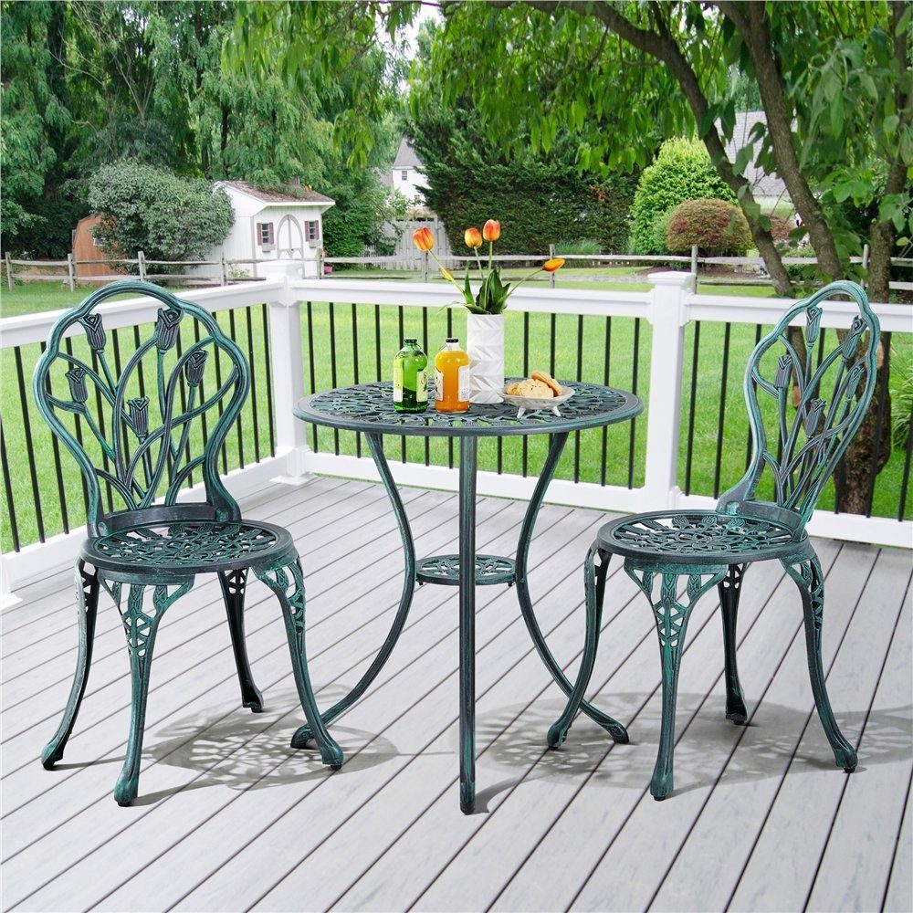 Yaheetech Balkonset aus Aluminiumguss, 3-teiliges Gartenmöbel-Set, 2 Stühlen & 1 Balkontisch mit Schirmloch