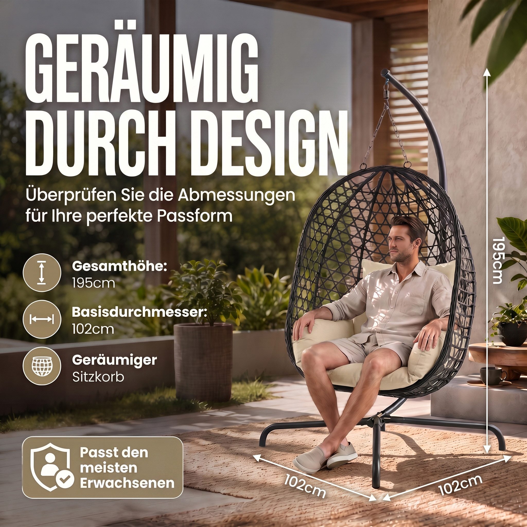 Goods+Gadgets Hängestuhl Polyrattan Hängestuhl mit Gestell und Kissen–Komfort für Innen & Außen (Hängekorb Sessel), Schwebeliege Rattan Outdoor & Indoor Relax H – Bild 4 von 5