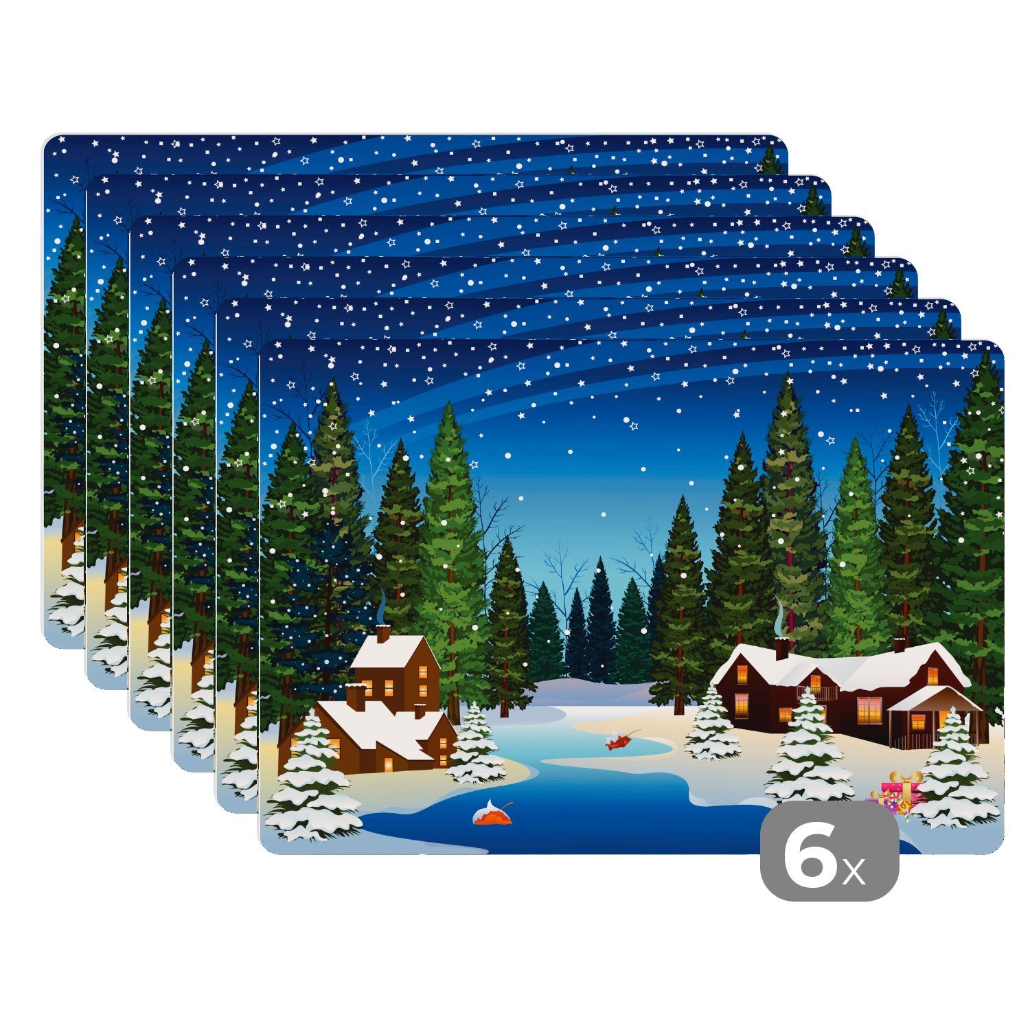 Platzset, Eine Illustration eines verschneiten Waldes bei Nacht, MuchoWow, (6-St), Platzset, Platzdecken, Platzmatte, Tischmatten, Schmutzabweisend