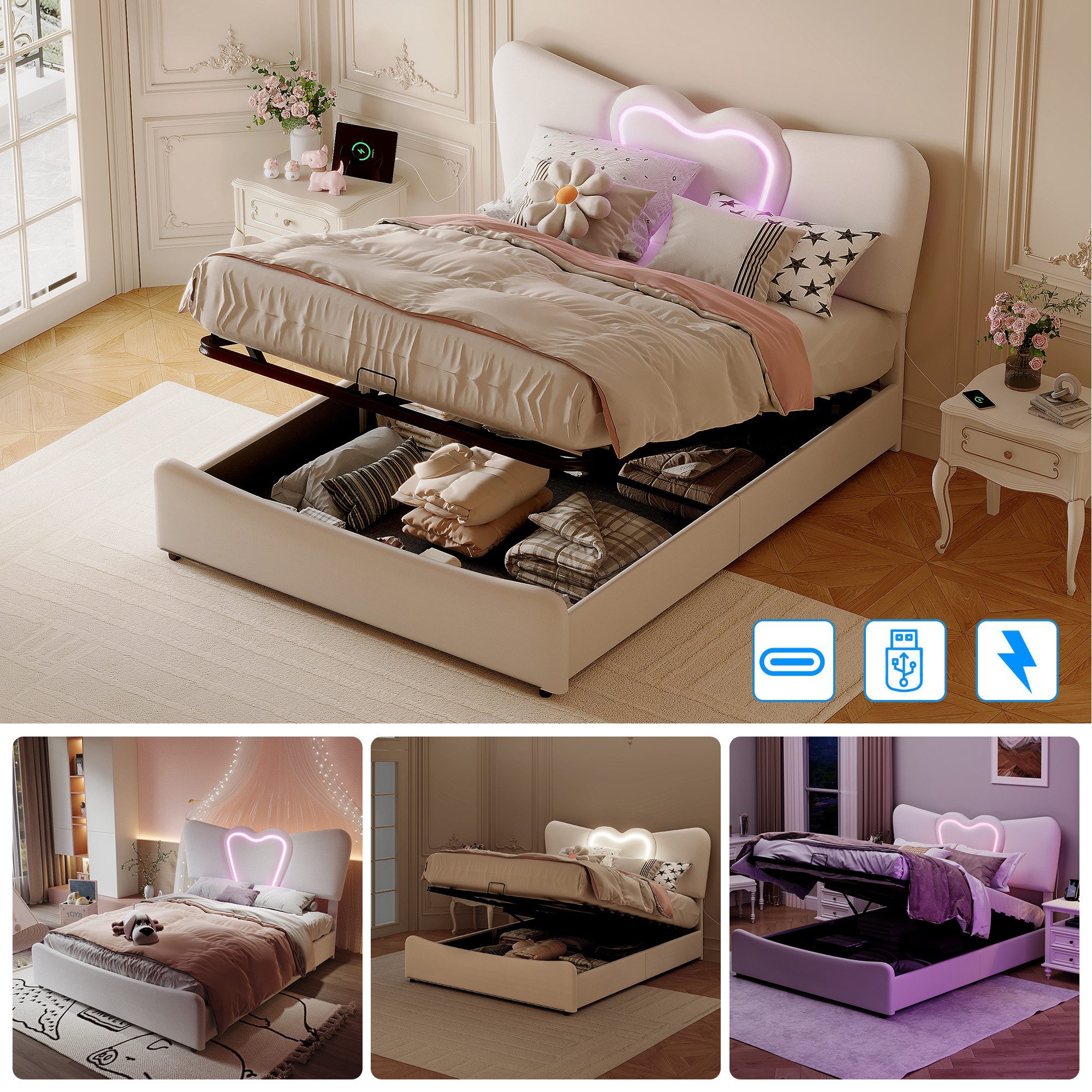 Furnishings Home Polsterbett Stauraumbett LED Kinderbett (Hydraulisch hebba günstig online kaufen