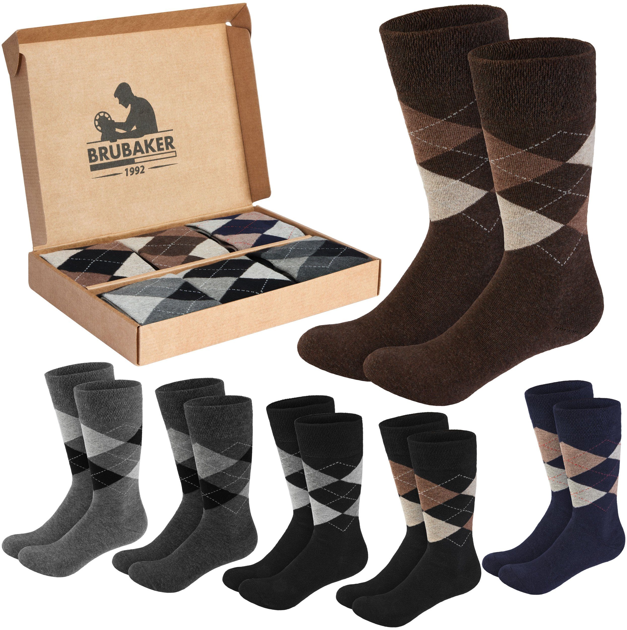 BRUBAKER Носки Herrensocken mit Rautenmuster - Farbmix Grau Braun (in Geschenkbox, 6-Paar, weich und atmungsaktiv) Herren Komfortsocken mit Argyle Karo Muster