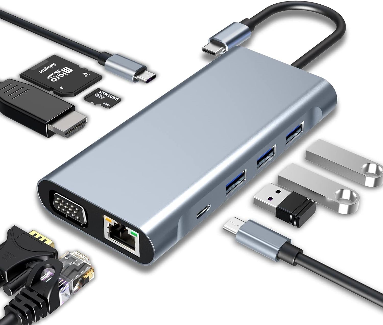 10 in 1 USB HUB Adapter für MacBook Dell Lenovo mit 4K HDMI VGA RJ45 Adapter