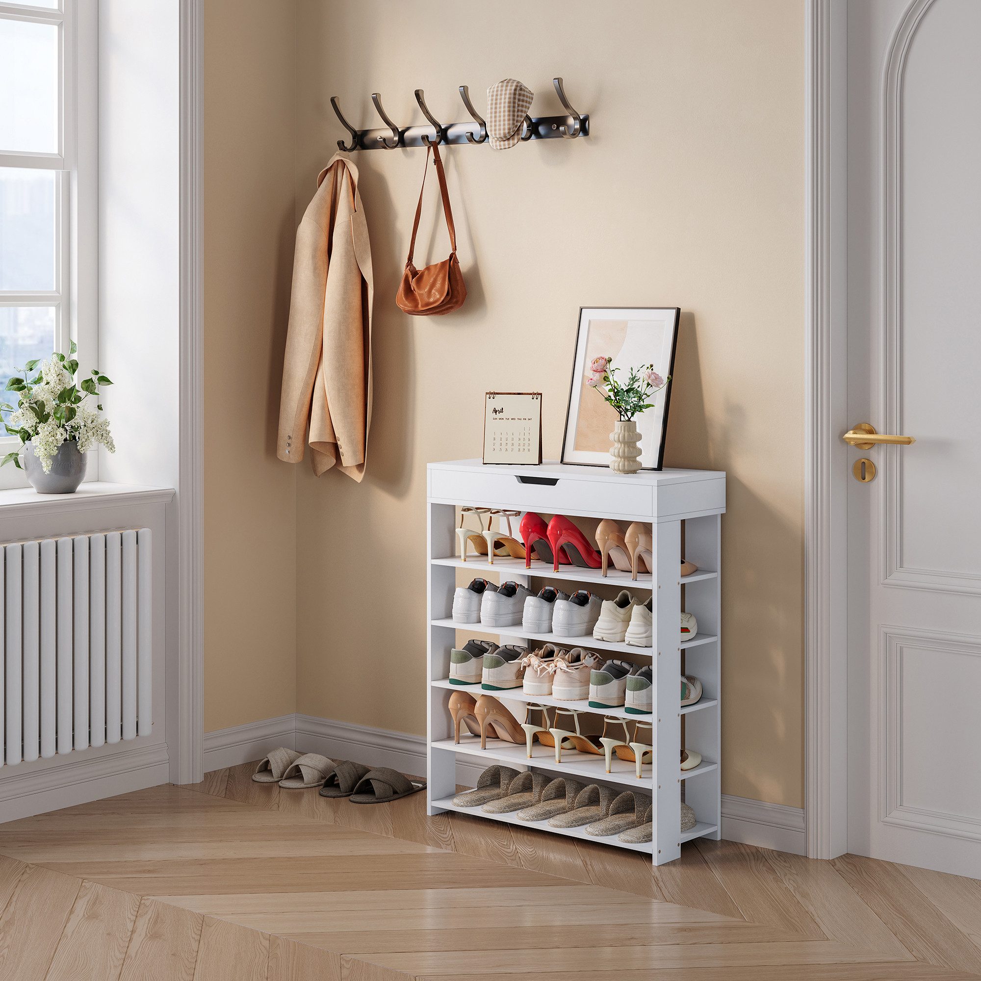 en.casa Schuhregal, »Boppeelo« mit Schublade 94 x 75 x 30 cm 5 Ablagen Weiß