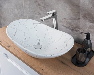 einfachgutemoebel Waschtisch-Set Aufsatz-Waschbecken 61cm marmoriert, Keramik Schale, weiß, (Waschbecken, 1-St., Waschbecken)
