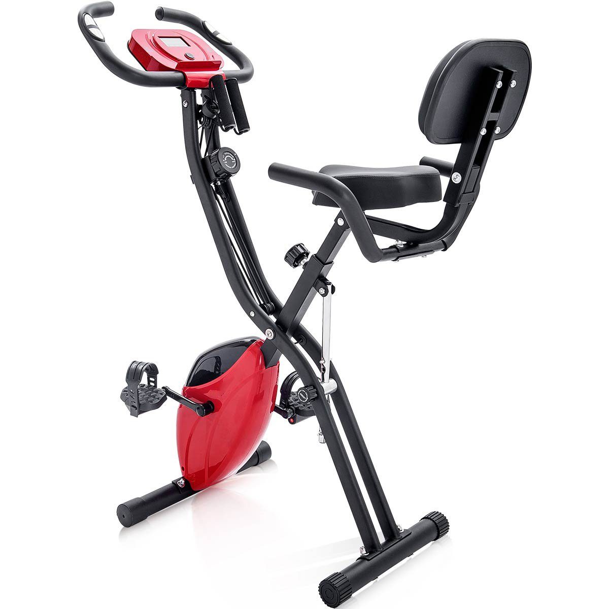 PHOEBE CAT Heimtrainer (magnetische faltbares Fitnessfahrrad), 3-in-1 X-bike mit Expanderbänder, 10 Widerstandsstufen, Max 120 kg Rot