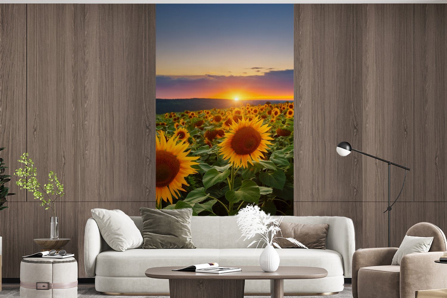 für Wohnzimmer bedruckt, (2 MuchoWow Matt, St), Sonnenblume Fototapete Nacht Horizont, - - Schlafzimmer Sonnenuntergang Fototapete Blumen Küche, - - Vliestapete