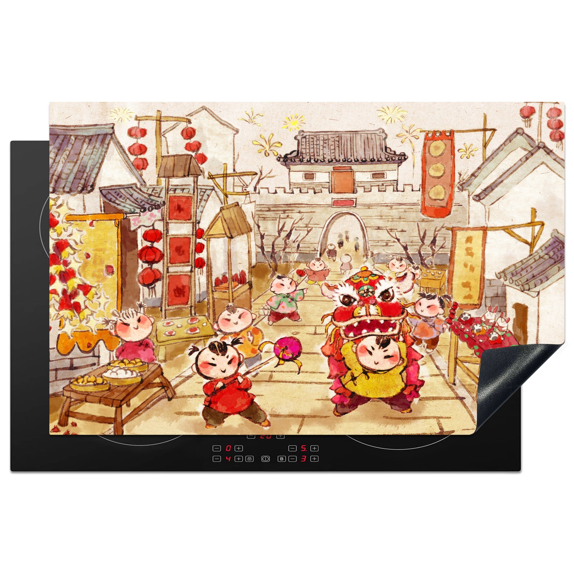 MuchoWow Herdblende-/Abdeckplatte Eine Illustration eines Straßenfestes in einem Hutong in Peking, Vinyl, (1 tlg), 81x52 cm, Induktionskochfeld Schutz für die küche, Ceranfeldabdeckung