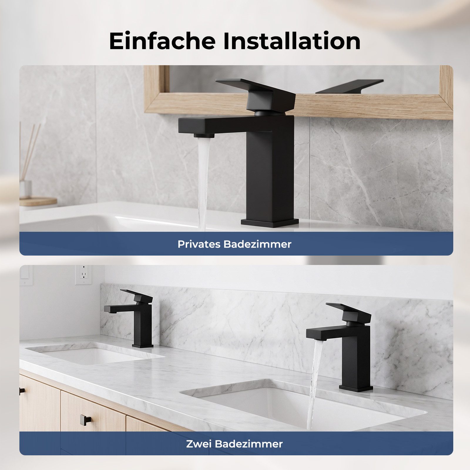 AKKEE Waschtischarmatur Wasserhahn Bad, Waschtischarmatur Schwarz Matt aus Messing Mischbatterie Waschbecken Wasserfall Waschtischarmatur – Bild 5 von 5