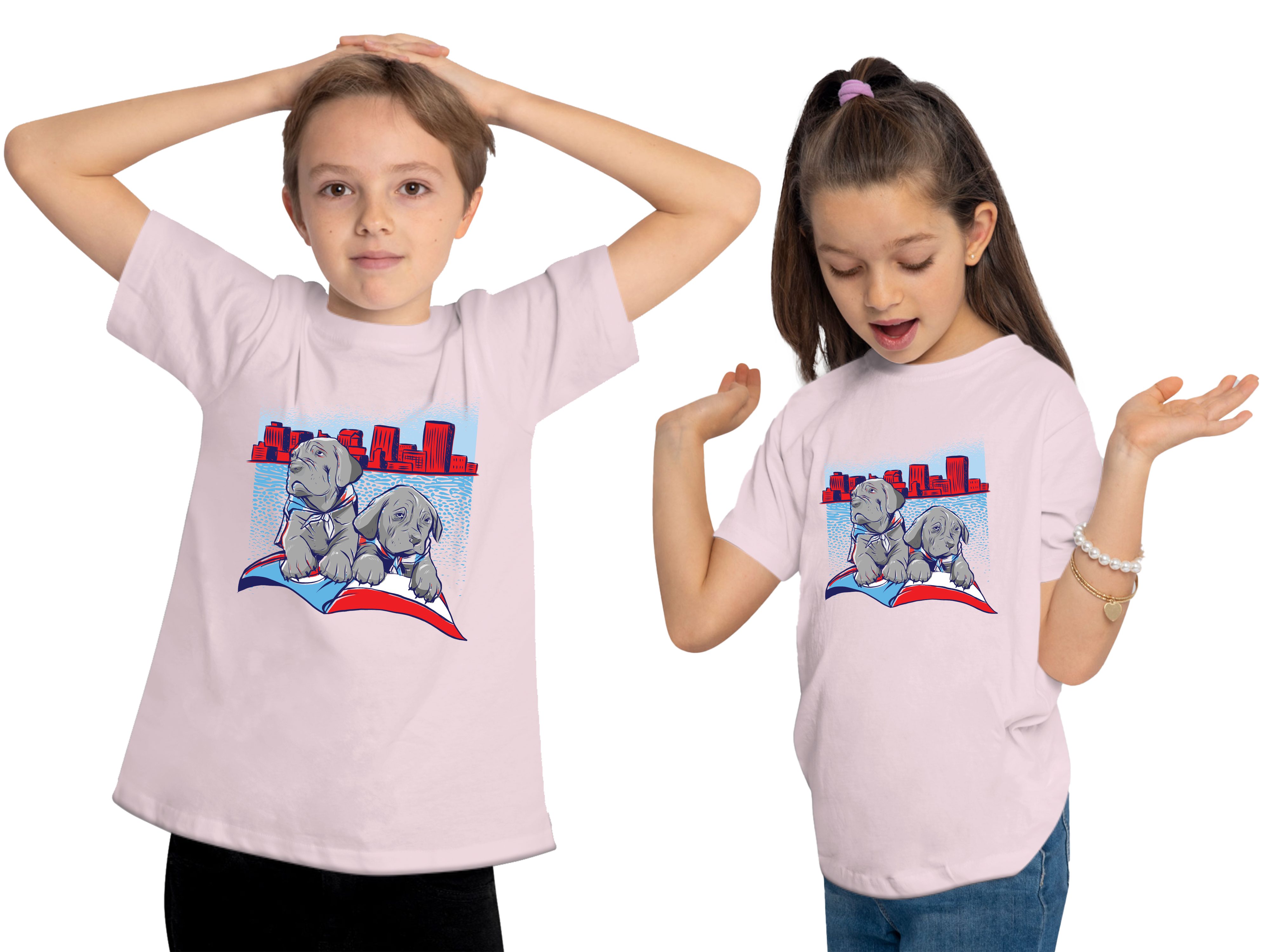 Baumwollshirt T-Shirt Hundewelpen bedruckt 2 Aufdruck, süße mit rosa i231 - Hunde MyDesign24 Print-Shirt Kinder
