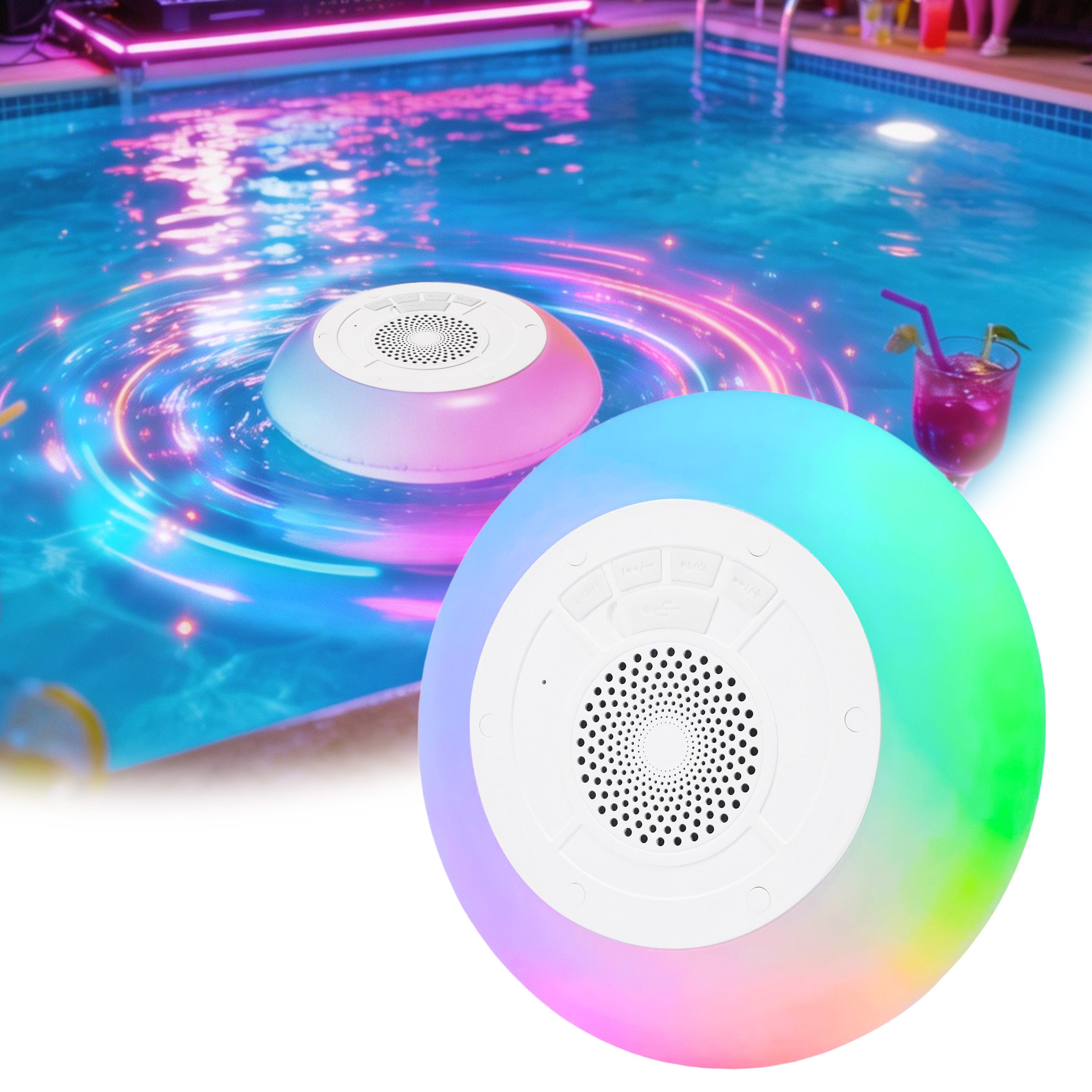 Topcony Pool-Lampe Bluetooth-Lautsprecher mit bunten Lichtern tragbarer Pool-Lautsprecher, RGB, wasserdicht, schwimmend mit 8 Modi, HD-Stereo-Sound, kabelloser