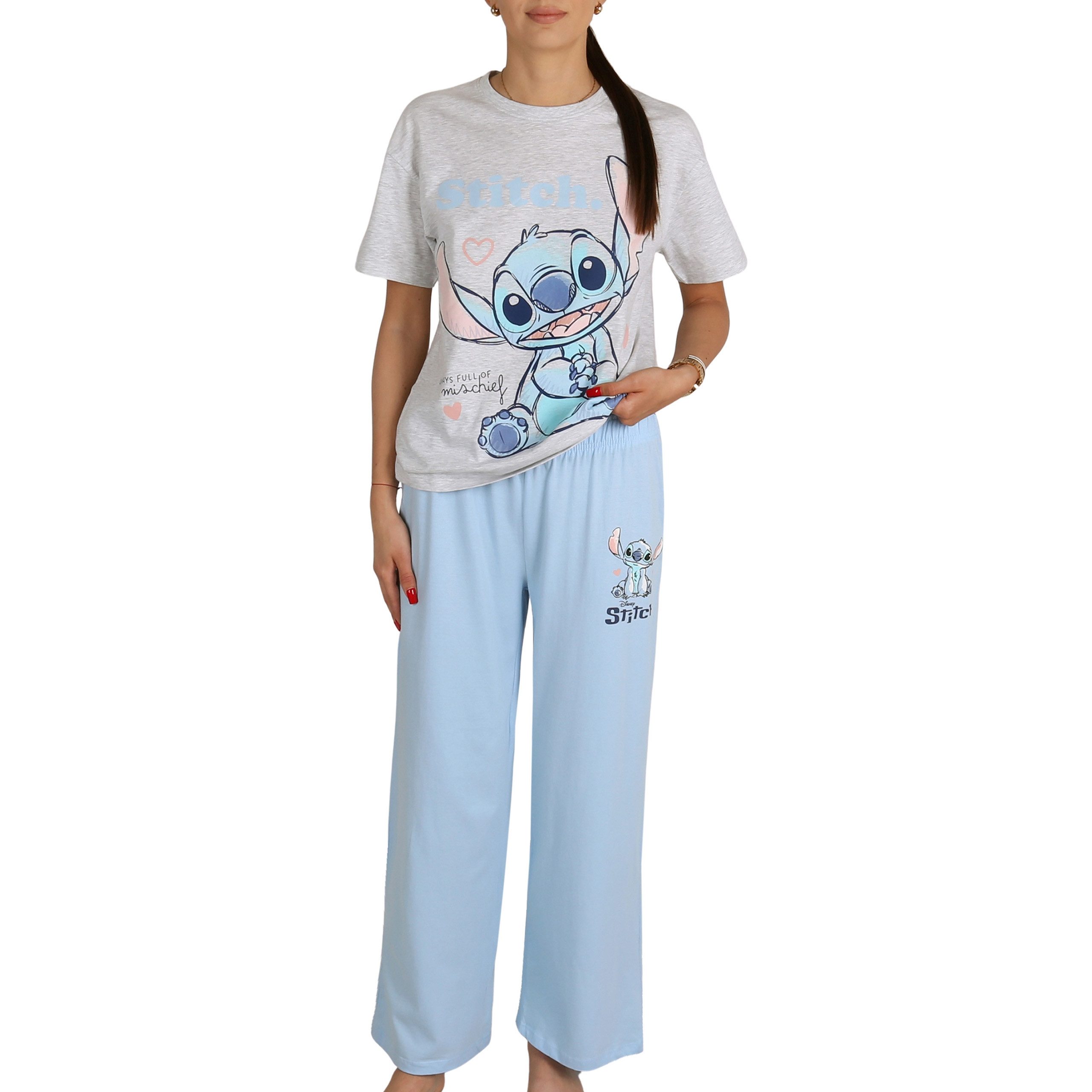 Disney Schlafanzug DISNEY Stitch Damen-Baumwollpyjama, 2-teilig, Kurzarmshirt & Hose
