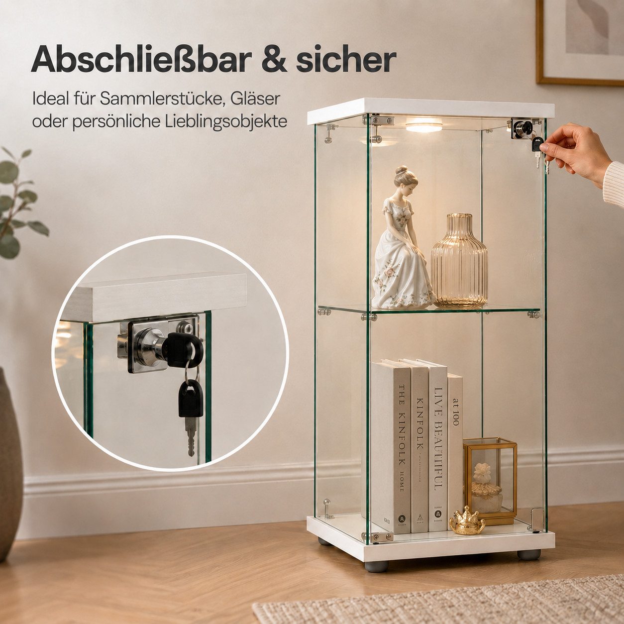 Simurq Glasvitrine Standvitrine mit LED und 1 Glastüren, 2 Lagen Glas Vitrinenschrank (Standvitrine aus Gehärtetes Glas und Holz, Glasschrank mit 1 Türen,Schlos – Bild 5 von 5
