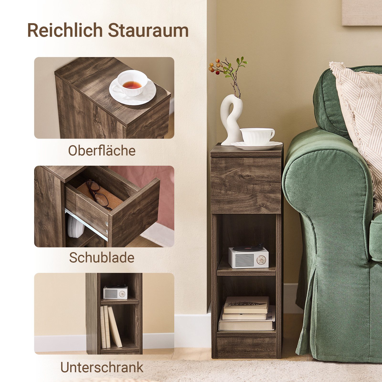 SoBuy Nachttisch FBT111, Nachtschrank kleiner Beistelltisch 20cm Breite, Nightstand, Nachttisch schmal, mit Schublade, Schlafzimmer Wohnzimmer kleine Räume – Bild 3 von 5