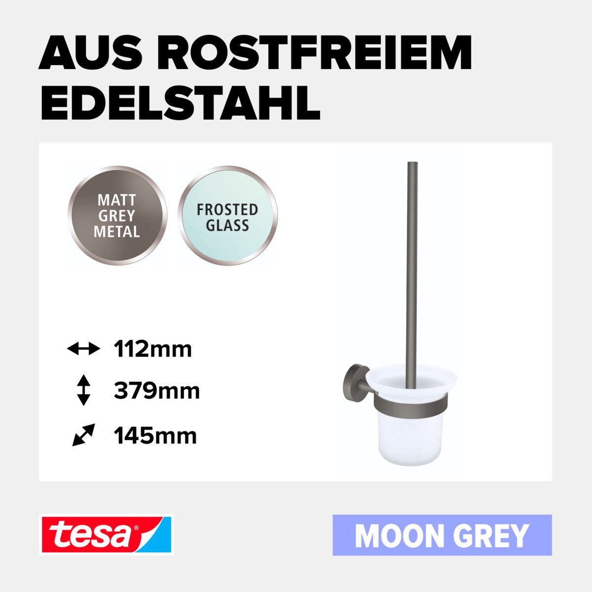 tesa WC-Reinigungsbürste MOON Toilettenbürstenhalter, (Packung, 2-tlg., MOON Grey), grau - 37,9 cm : 11,2 cm : 14,5 cm