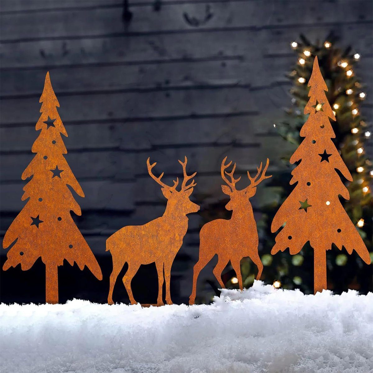 XDeer Dekofigur 4 Weihnachtsbaum 2X Gartenstecker Beetstecker St), Außen Weihnachten (4 Weihnachten Deko + 2X Herbst Winter Elch Rost Stück