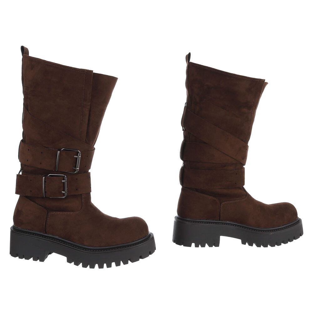 Ital-Design Damen Bikerstiefel mit Plateausohle und Schnallen Plateaustiefel (92299723) Blockabsatz Stiefel in Braun – Bild 4 von 5