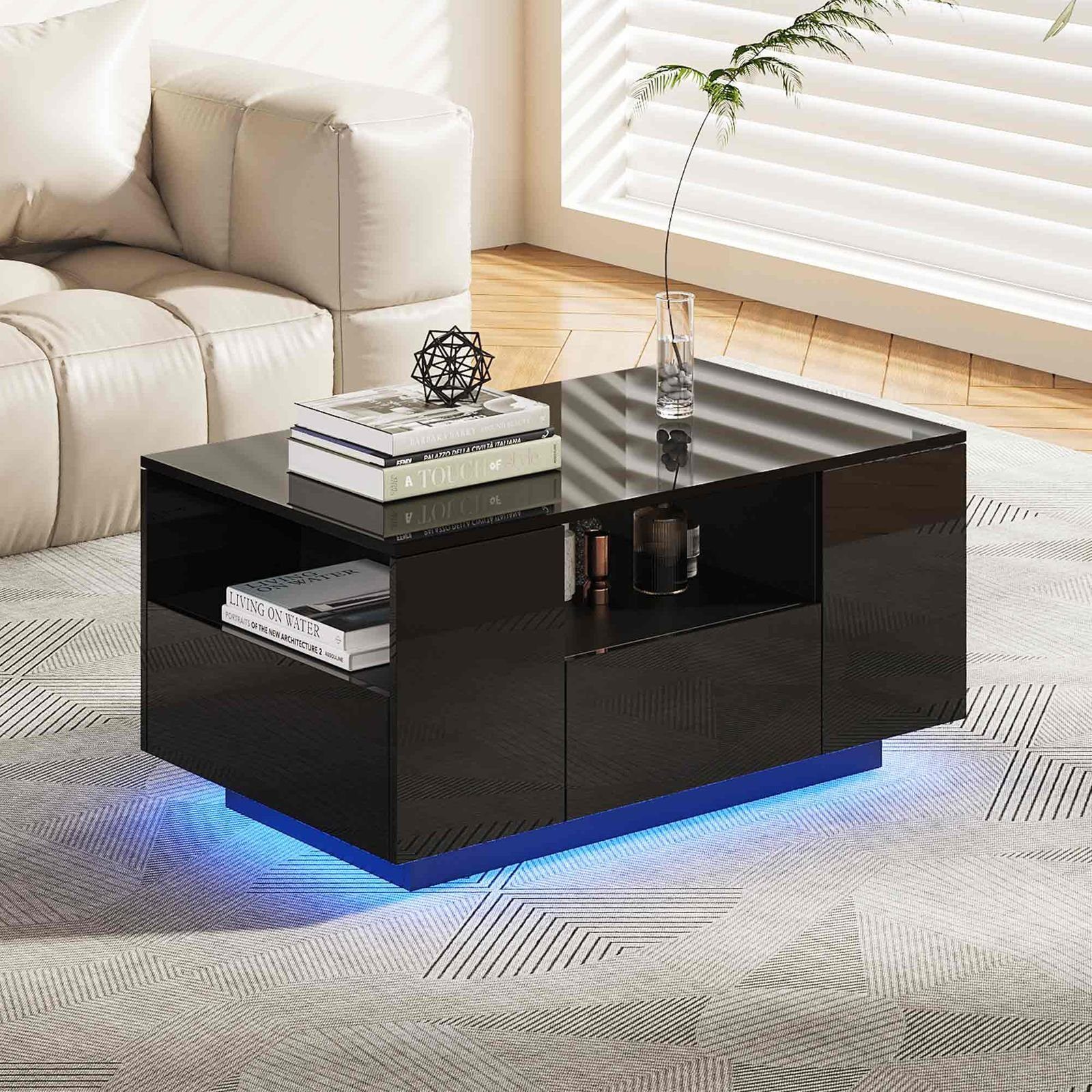 Makika Ablagetisch Design Couchtisch LED mit Schubladen - Schwarz Hochglanz