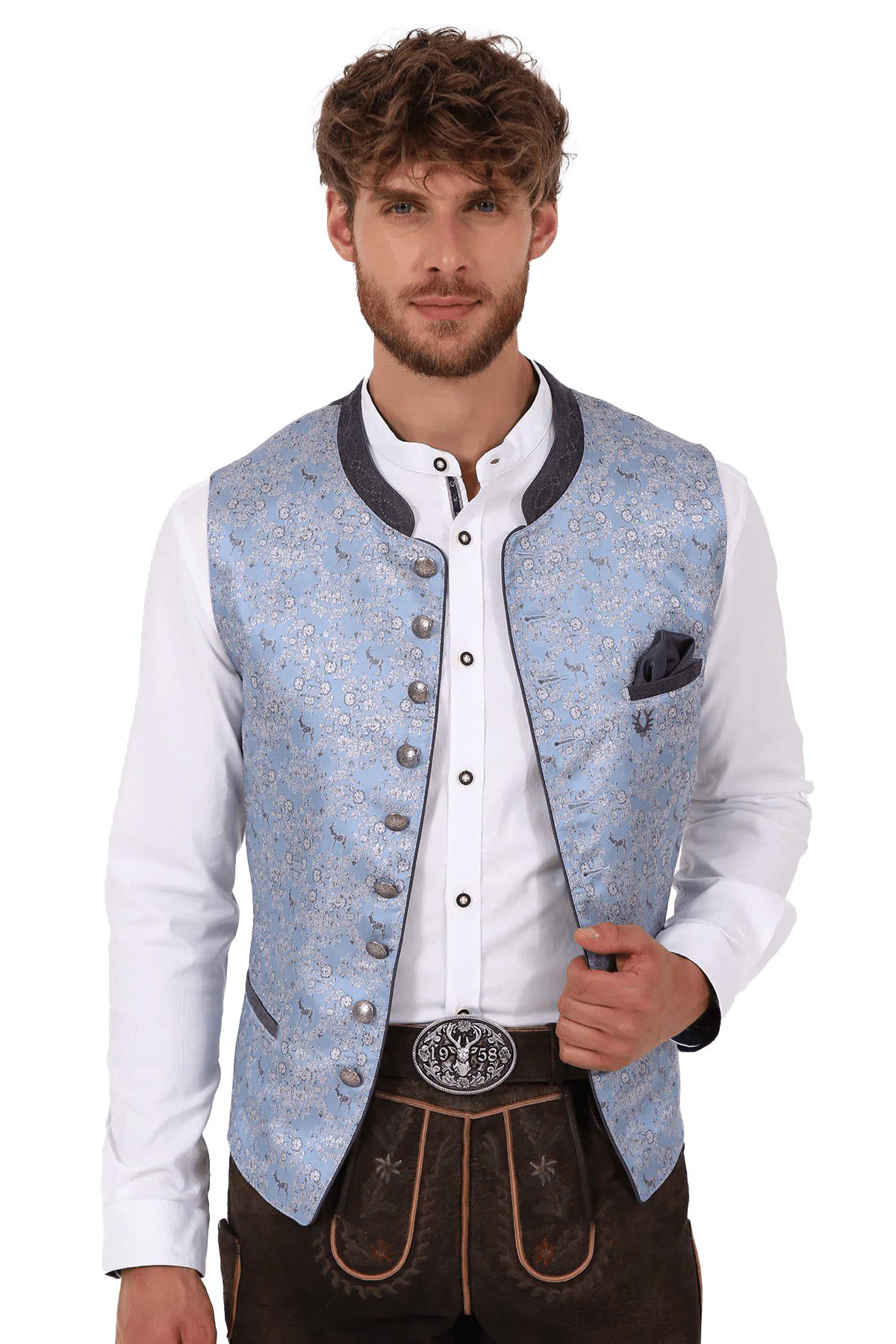 Moschen-Bayern Trachtenweste Gilet Alberto Hellblau/Silber Herren Hochzeits-Gilet mit besticktem Kragen