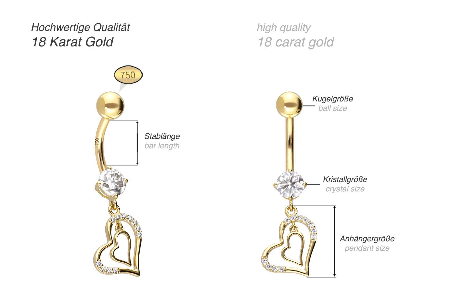 PIERCINGLINE Bauchnabelpiercing 18 Karat Gold Bananabell MOISSANIT + 2 HERZEN (Bananabells, 1-tlg)