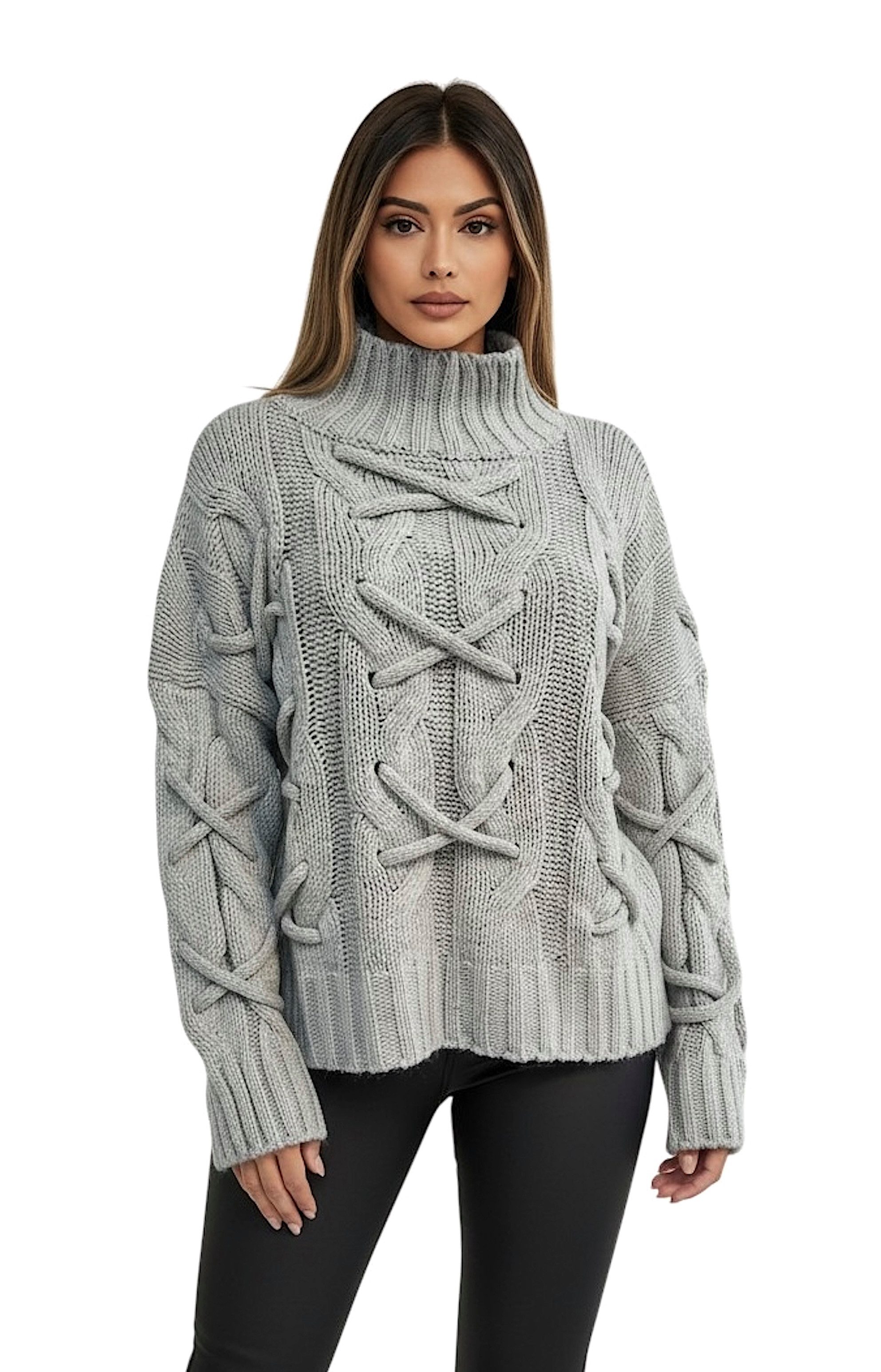 Worldclassca Longpullover WORLDCLASSCA Strickpulllover Lang Zopf Kreuz Muster Stehkragen Winter Neue Kollektion - Stilvolle und gemütliche Strickmode für Damen