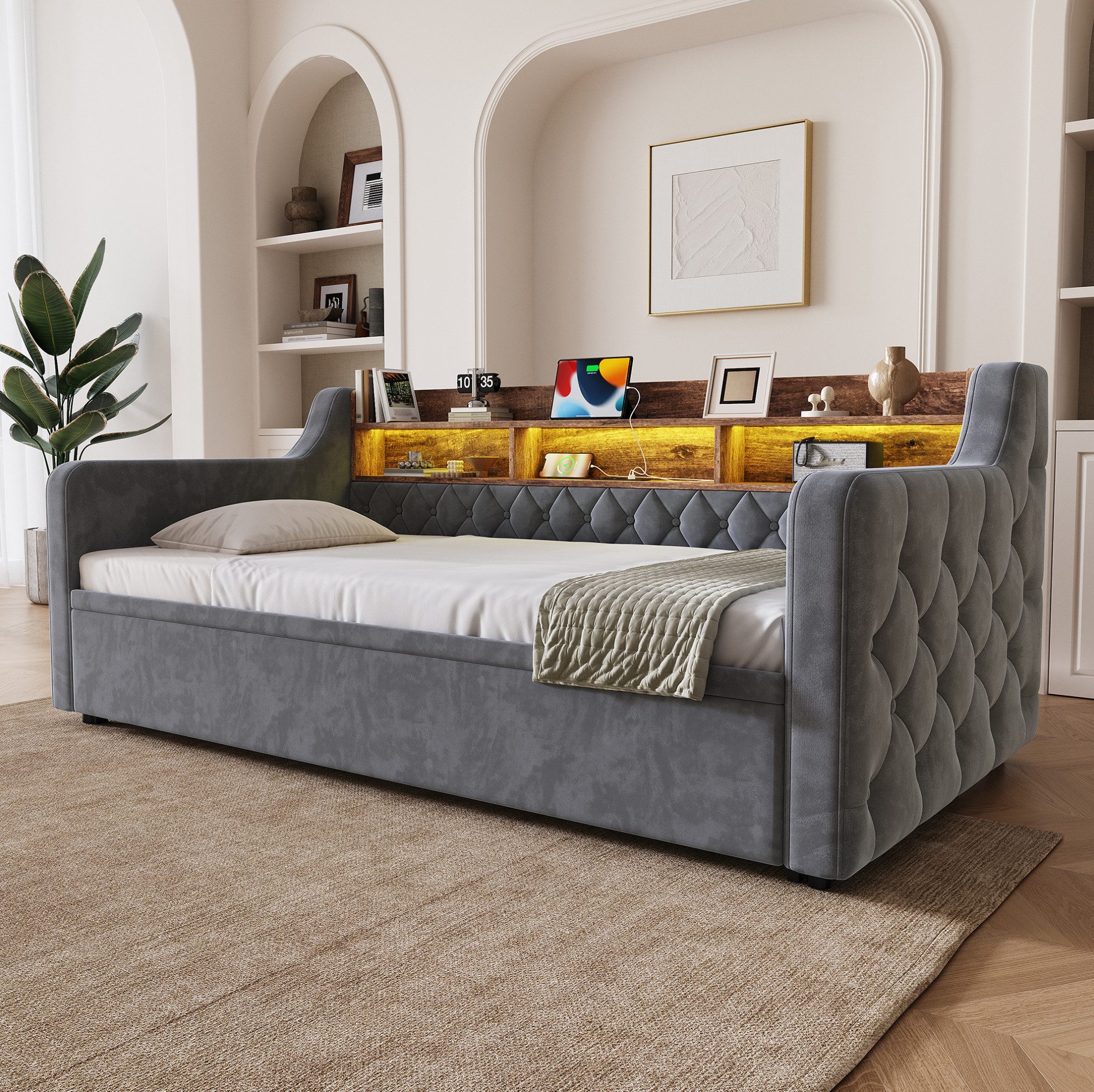 OKWISH Schlafsofa mit praktischem Ausziehmechanismus, Polsterbett, weichem Samt-Sofabezug und integriertem Stauraum im Holzkopfteil,90x190/180x190 cm ausgestattet mit LED-Licht, USB-Port, Type-C-Anschluss und stabilem Lattenrost 1 Teile, ohne Matratze