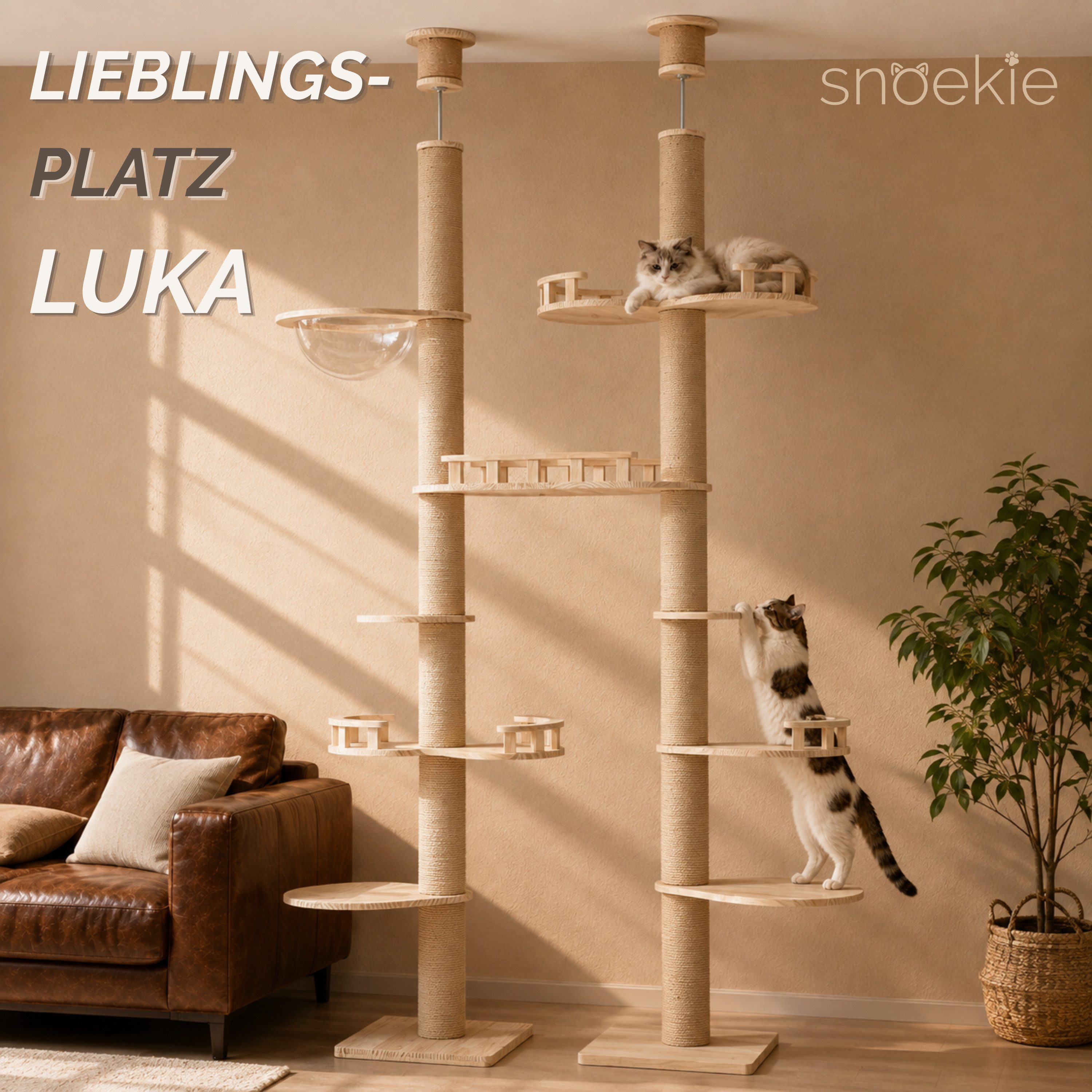 SNOEKIE Kratzbaum SNOEKIE deckenhoher Katzenkratzbaum 240–270 cm höhenverstellbar, 2,7 m deckenhoch, extra stabil inklusive Hängemulde, platzsparend