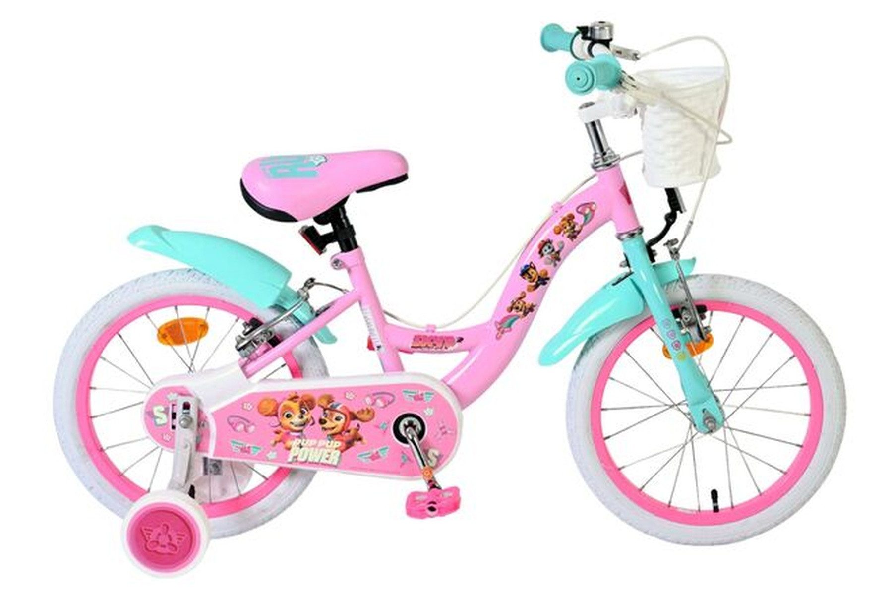 Volare Kinderfahrrad Paw Patrol Mädchen 16 Zoll Rosa mit Korb, Puppensitz und 2 Handbremsen, Geschlossener Kettenschutz, Reflektoren vorn und hinten