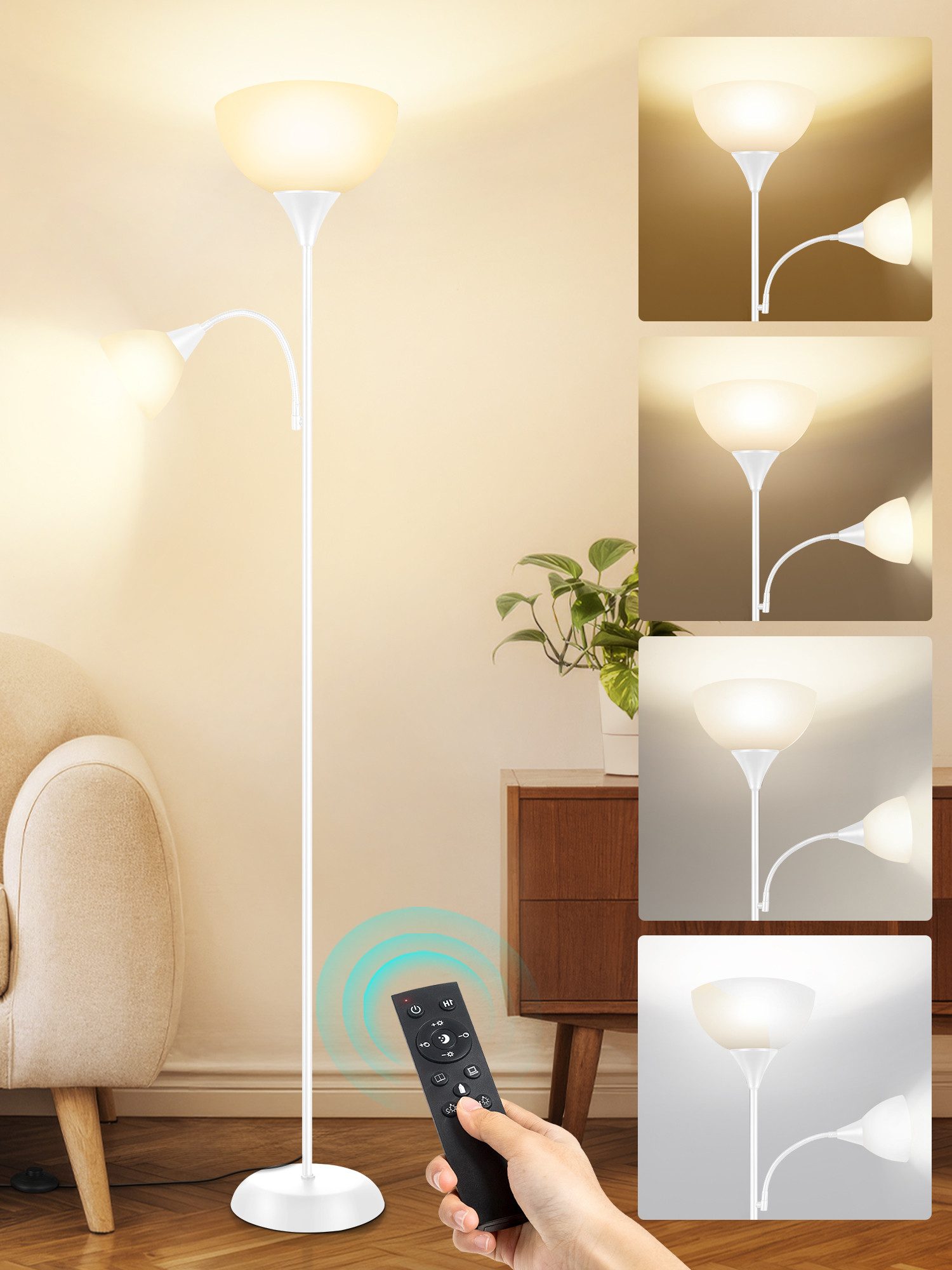 OUTON LED Stehlampe Bodenlampe mit Fernbedienung, 9W, 4 Farbtemperaturen, LED wechselbar, mit schwerem Standfuß und Acryl-Schirme