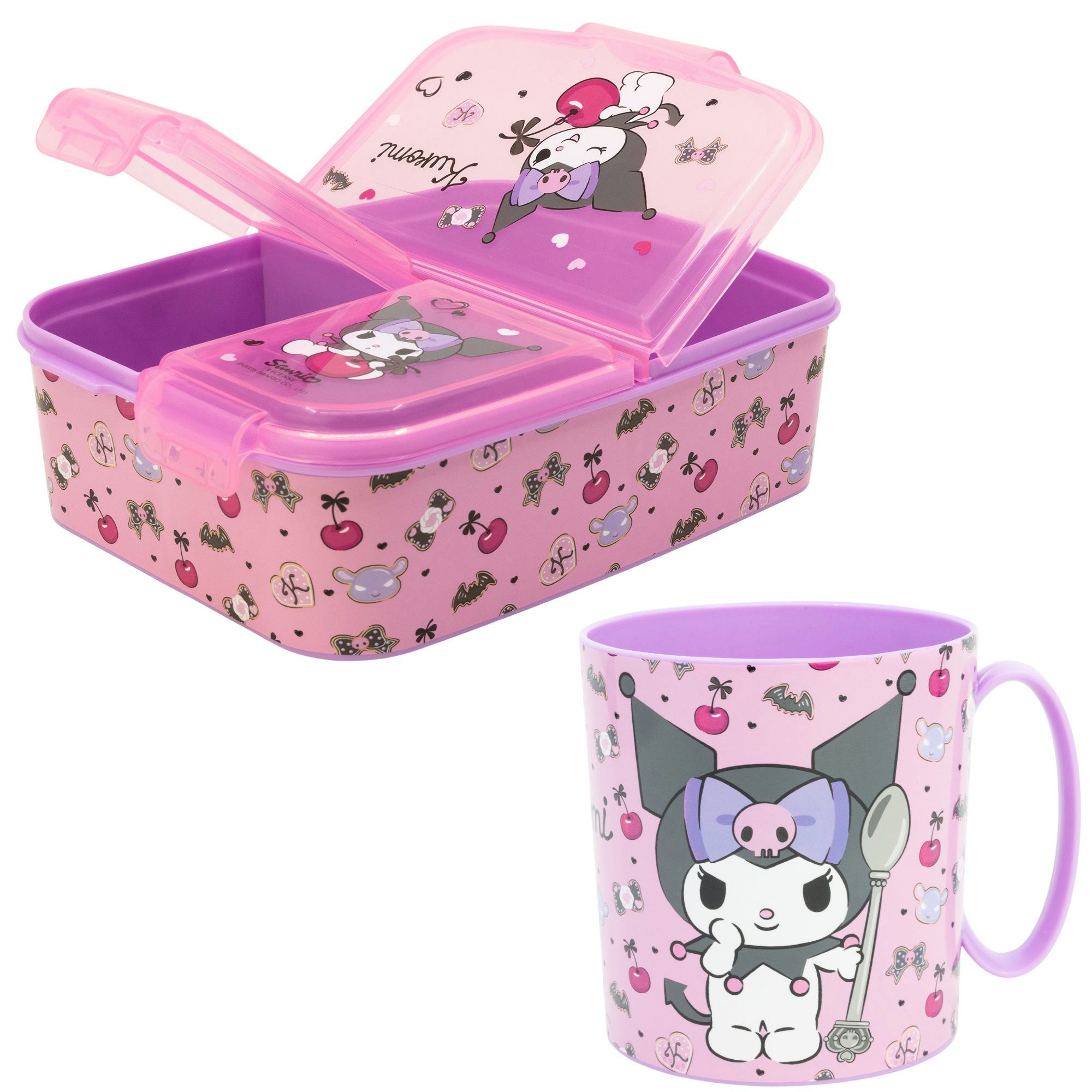 SANRIO Lunchbox Kuromi Sanrio 2 tlg. Lunch Set Brotdose 3 Kammern Trinkbecher 390 ml, (Spar-Set, 2-tlg., Spar-Set)