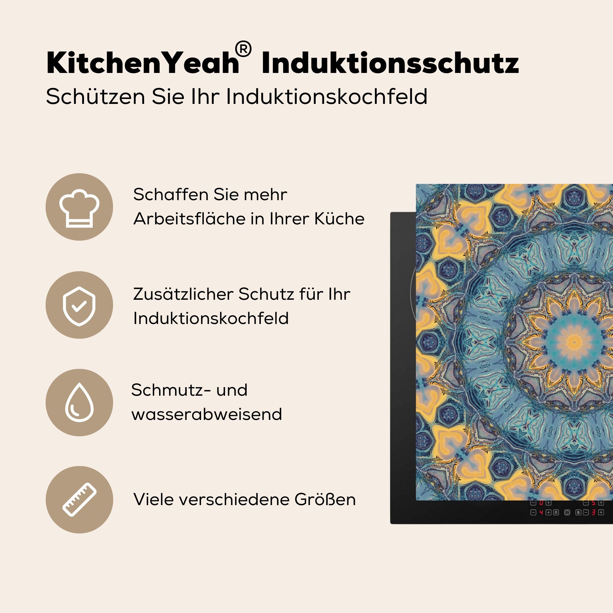MuchoWow Herdblende-/Abdeckplatte Kreis tlg), (1 Vinyl, - - küche Blau 78x78 cm, Mandala, Ceranfeldabdeckung, Arbeitsplatte für