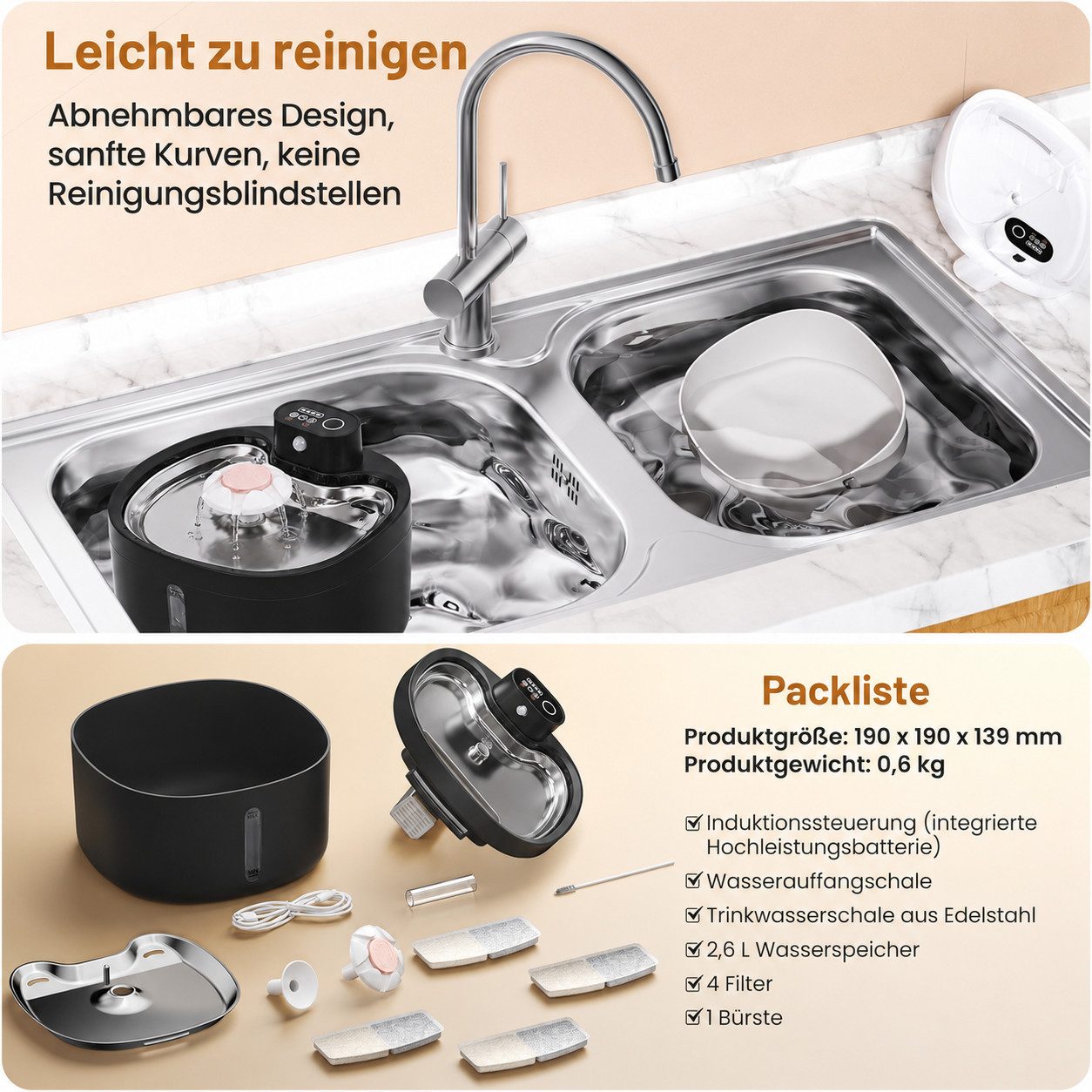 ibettertec Tier-Wasserspender Katzenbrunnen, Katzenbrunnen Edelstahl, Flüsterleiser Katzenbrunnen, automatische Tiererkennung, einfache Reinigung, geräuscharm