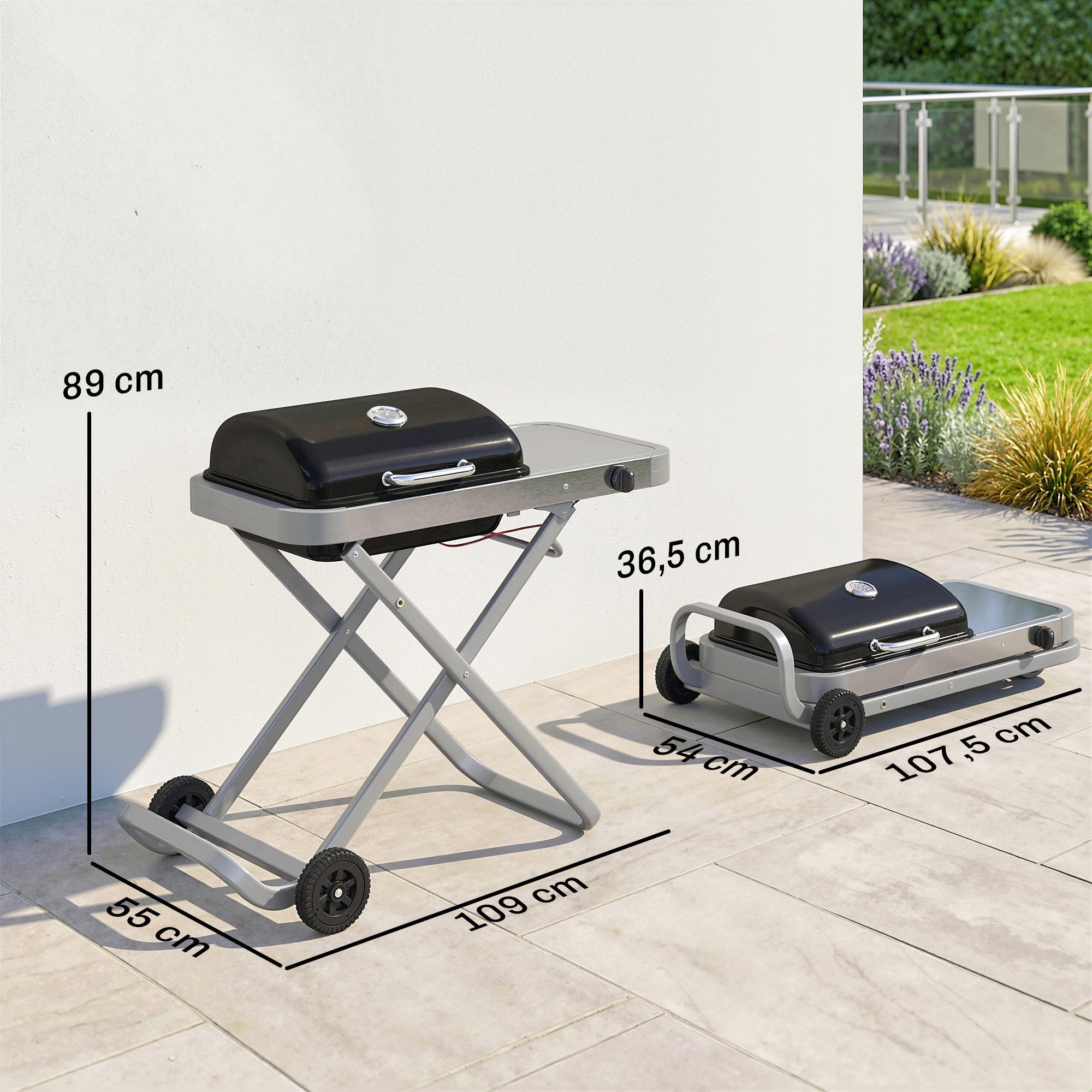 Outsunny Gasgrill mit Faltbarem Rollwagen, Grillrost, Seitentisch, Deckel, Thermometer, Tischgrill, Grillwagen, für BBQ Camping Garten Terrasse