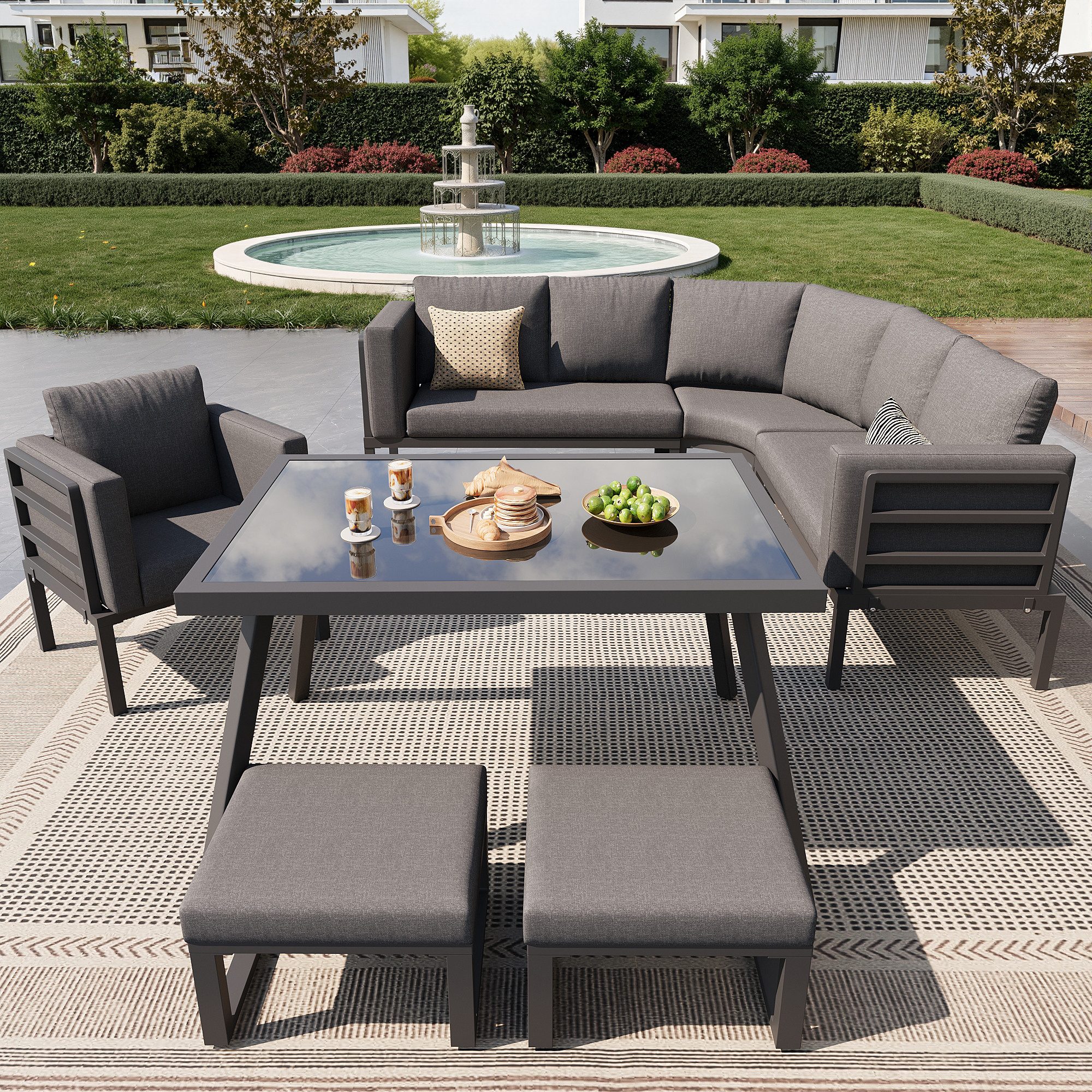 Merax Gartenlounge-Set Halbmond Gartenmöbel Set für 8 Personen, wetterfester Stahlrahmen, (7-tlg), Terrassenmöbel Sitzgruppe mit Glastisch, Sofa, Sessel & 2 Hocker