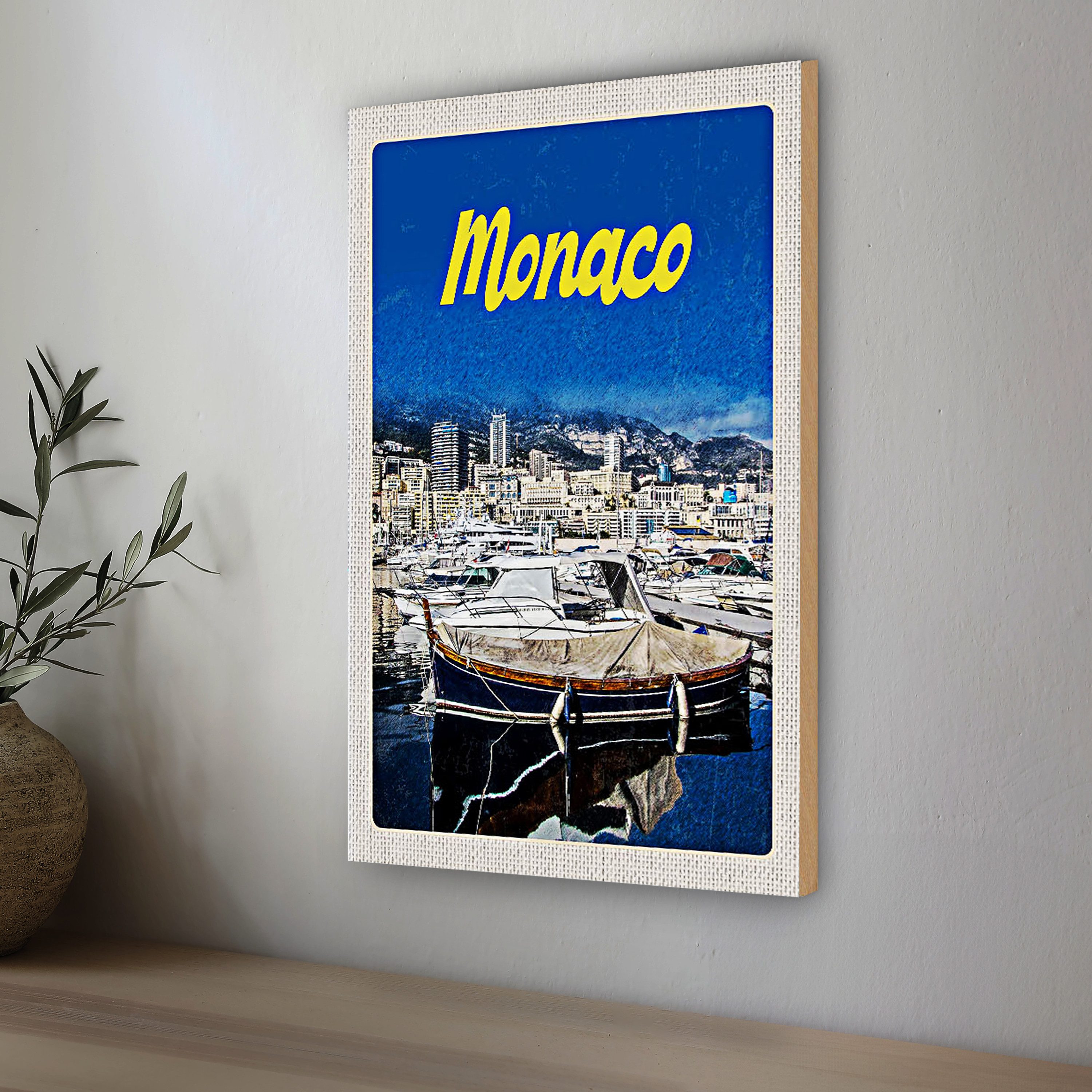Roomando Holzbild Reise 12x18cm Monaco Frankreich Yacht Strand Meer