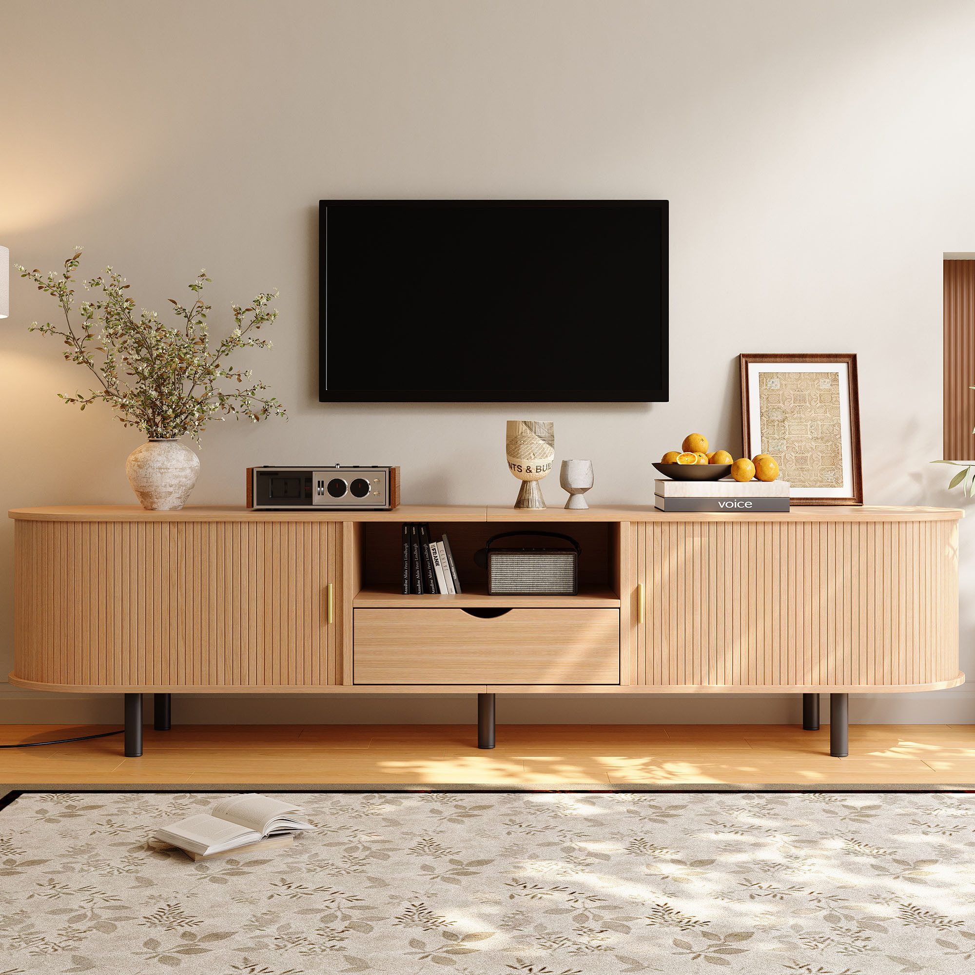 HAUSS SPOLE TV-Schrank mit Runddesign,Fernsehtisch Lowboard mit Schublade & Fächern,Natur (Medienkonsole Rollo-TV-Board 175x40x55cm Mitoffene Ablagefächer und integrierte Kabeldurchlässe) für Wohnzimmer