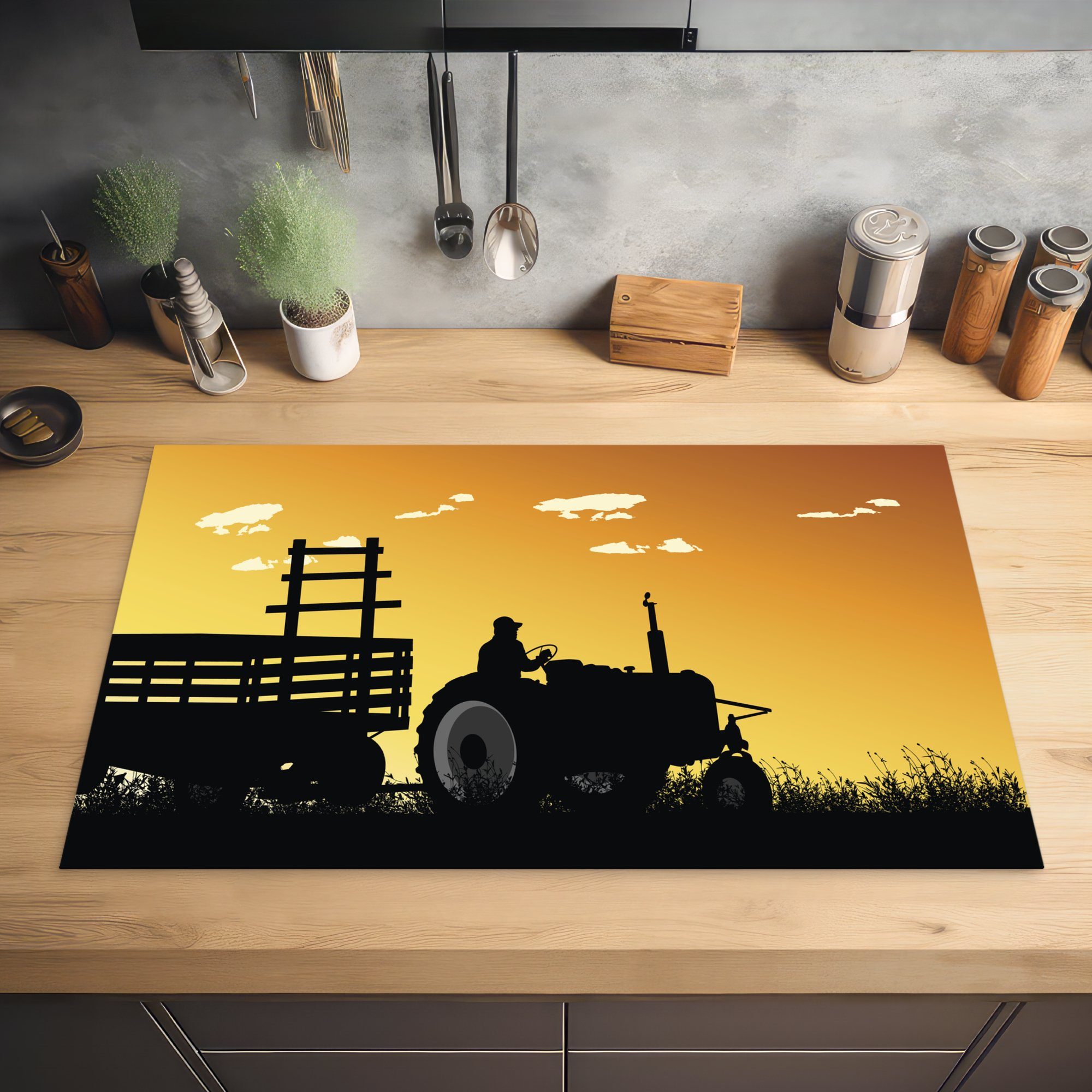 Herdblende-/Abdeckplatte küche Traktor für - - 83x51 Arbeitsplatte (1 Wolken, Ceranfeldabdeckung, MuchoWow Vinyl, Anhänger tlg), cm,