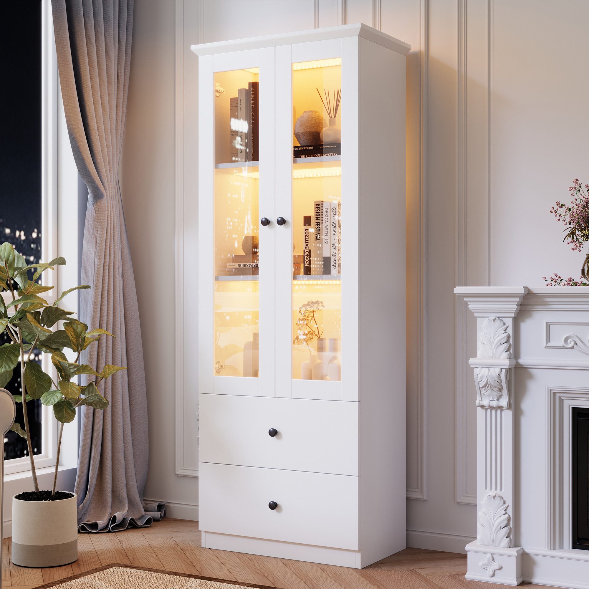 KLAM HOME Vitrine Moderne LED-Vitrine weiß matt 165 cm hoch mit USB-Anschluss (16-Farben-Fernbedienung, Glasvitrine mit 2 Schubladen, MDF-Wohnzimmer) Vertikalvi – Bild 5 von 5