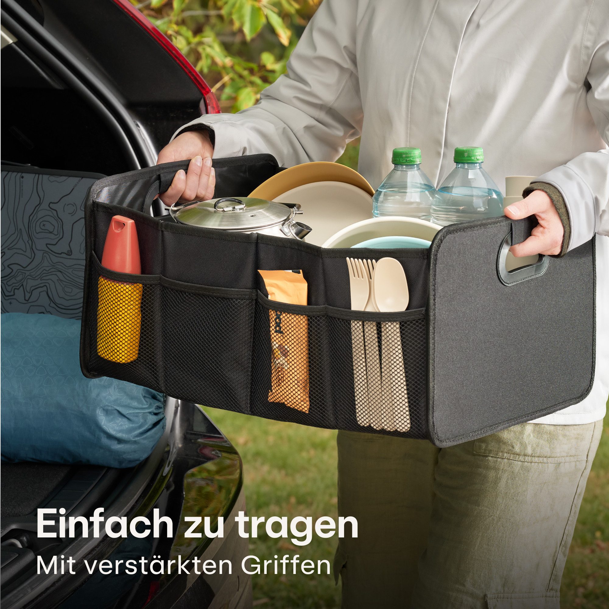 Praknu Trunk Mat, Foldable Trunk Organizer – 3 Compartments with 5 Pockets – Non-Slip (1 pc), Ideal Size for Cars – Robust & Water-Repellent Oxford Fabric