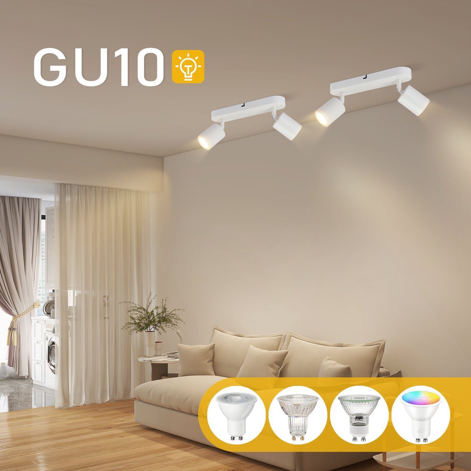 Nettlife Deckenstrahler Weiß Wohnzimmer 1/2/3/4/5/6 Flammig GU10 Deckenspots, Schwenbar 350°, LED wechselbar, für Wohnzimmer Schlafzimmer Küche Flur