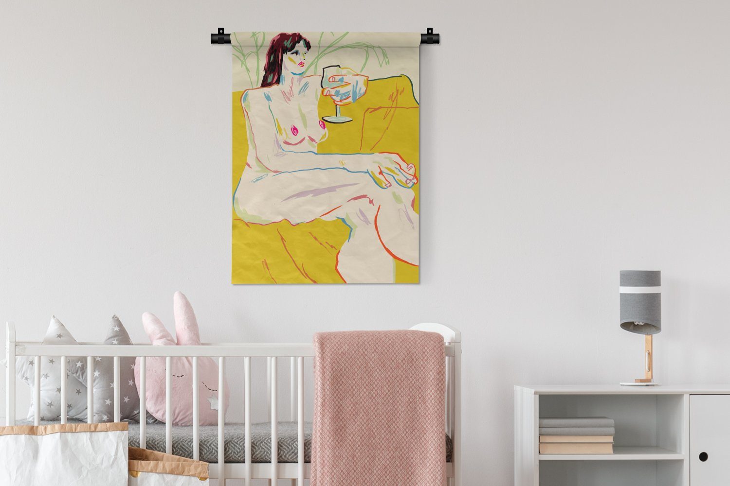 Schlafzimmer - Frau an - Wand, für Tapisserie, der - Wanddekoobjekt MuchoWow Kunst Wohnzimmer, Deko Gelb, Weinglas