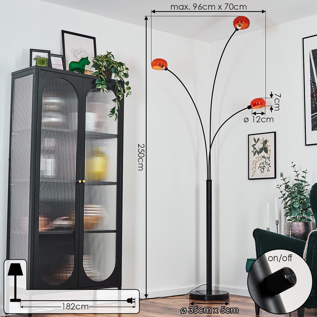 hofstein Stehlampe Stehlampe aus Metall in Schwarz/Orange im Retro/Vintage-Design, verstellbare Stehleuchte mit Marmorfuß und Schalter am Gehäuse, E14