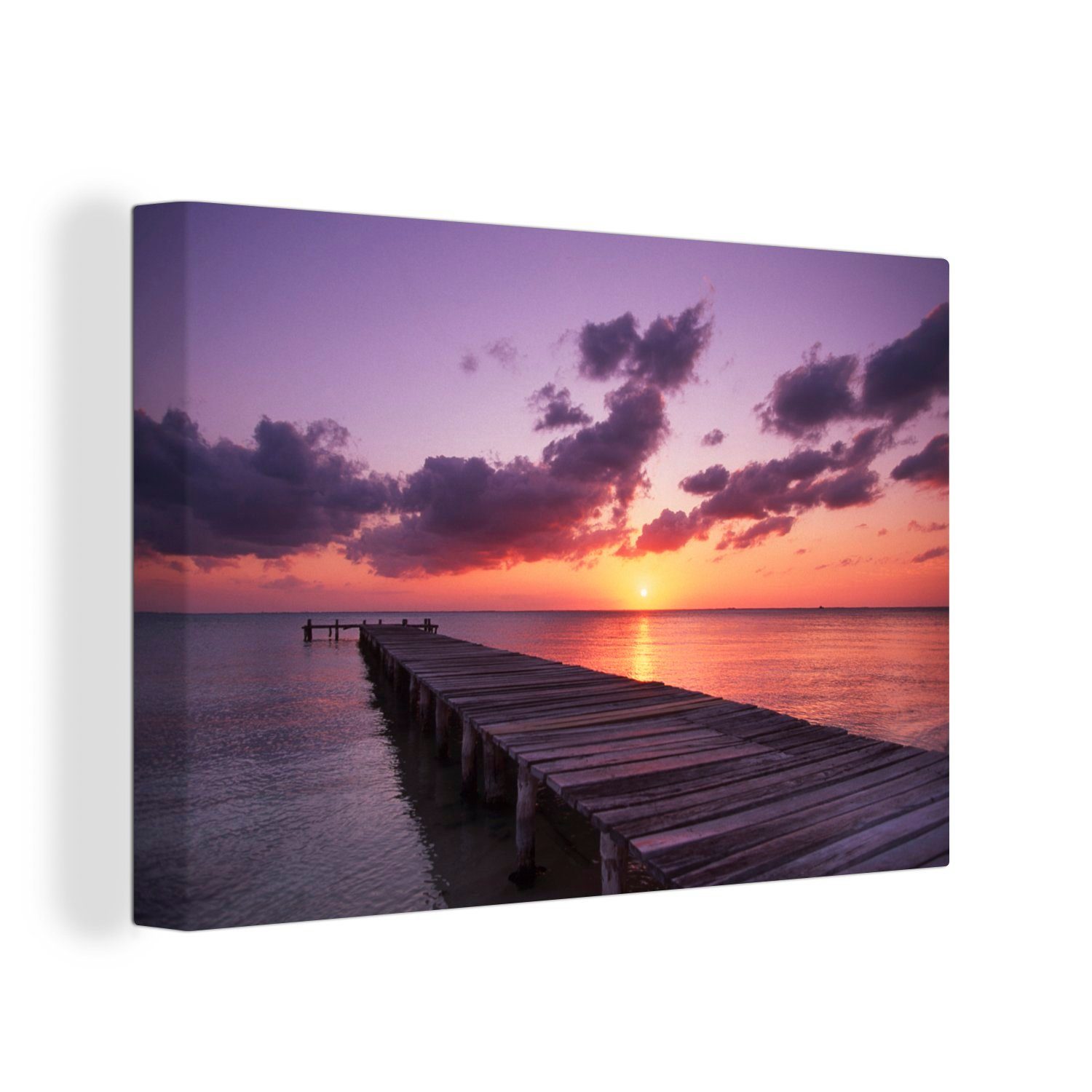 OneMillionCanvasses® Leinwandbild Pier bei farbenfrohem Sonnenuntergang am Strand von Isla Mujeres in, (1 St), Wandbild Leinwandbilder, Aufhängefertig, Wanddeko, 30x20 cm