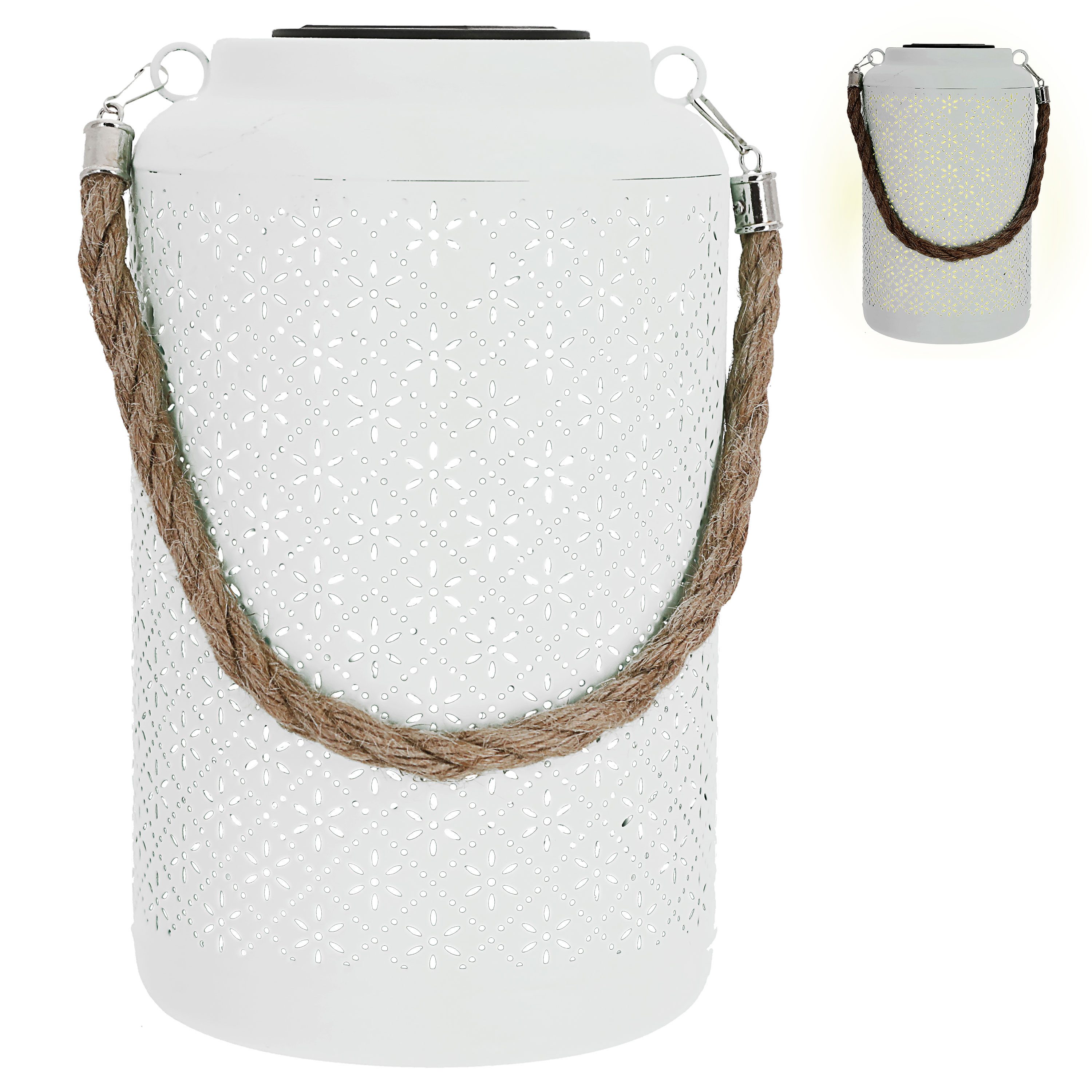 CEPEWA LED Laterne LED Solar Laterne 'Summer' Eisen 15,5x25cm weiß Blumenmuster gestanzt