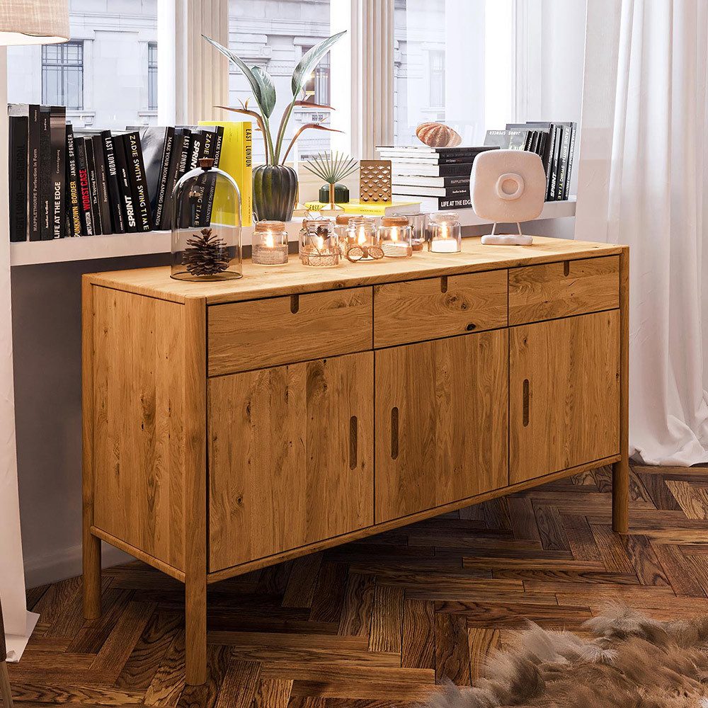 Lomadox Sideboard PORI-165, Eiche massiv geölt, 142 cm breit, montierte Lieferung